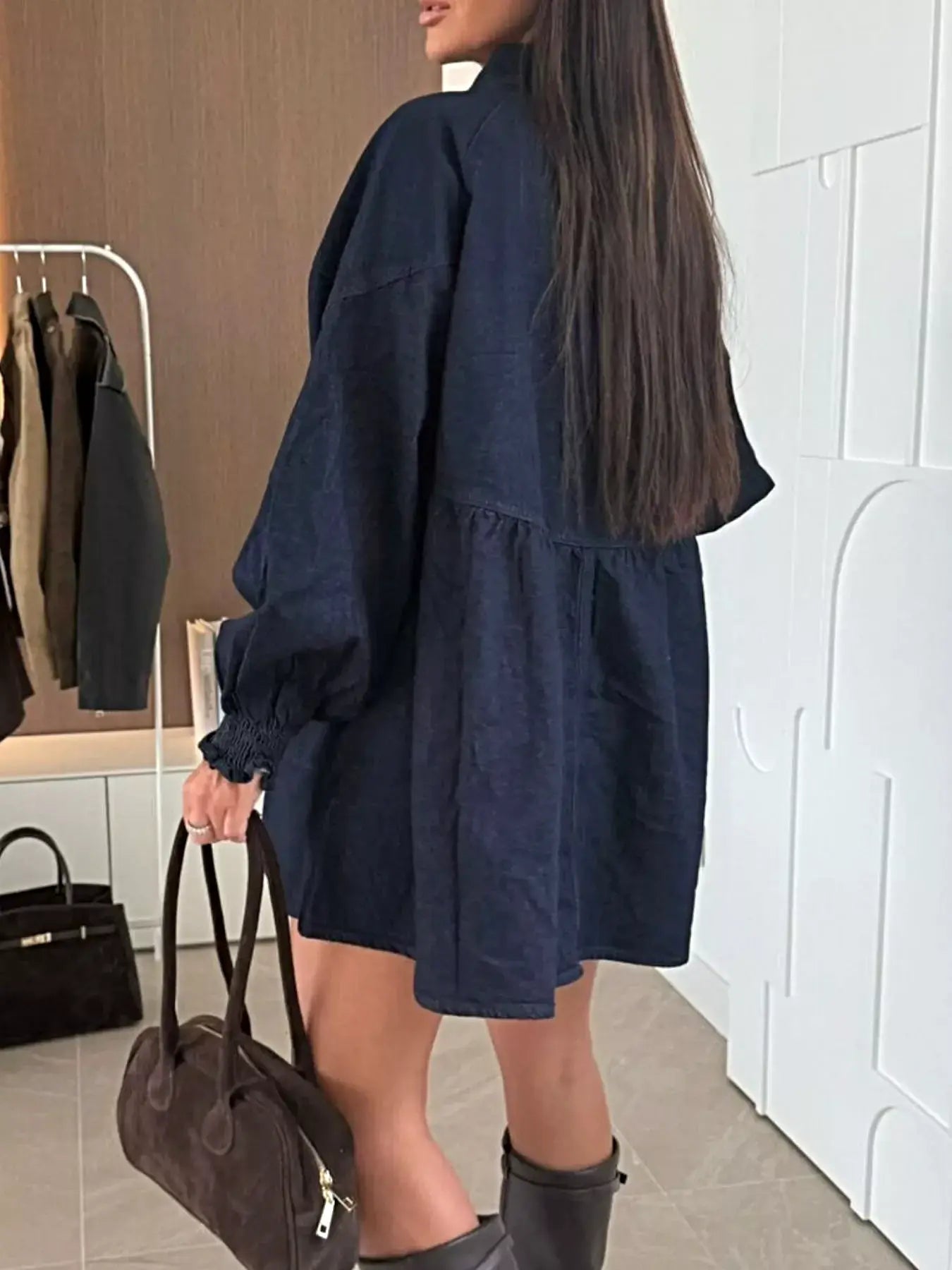 Button Down Mini Denim Dress with Front Pockets -