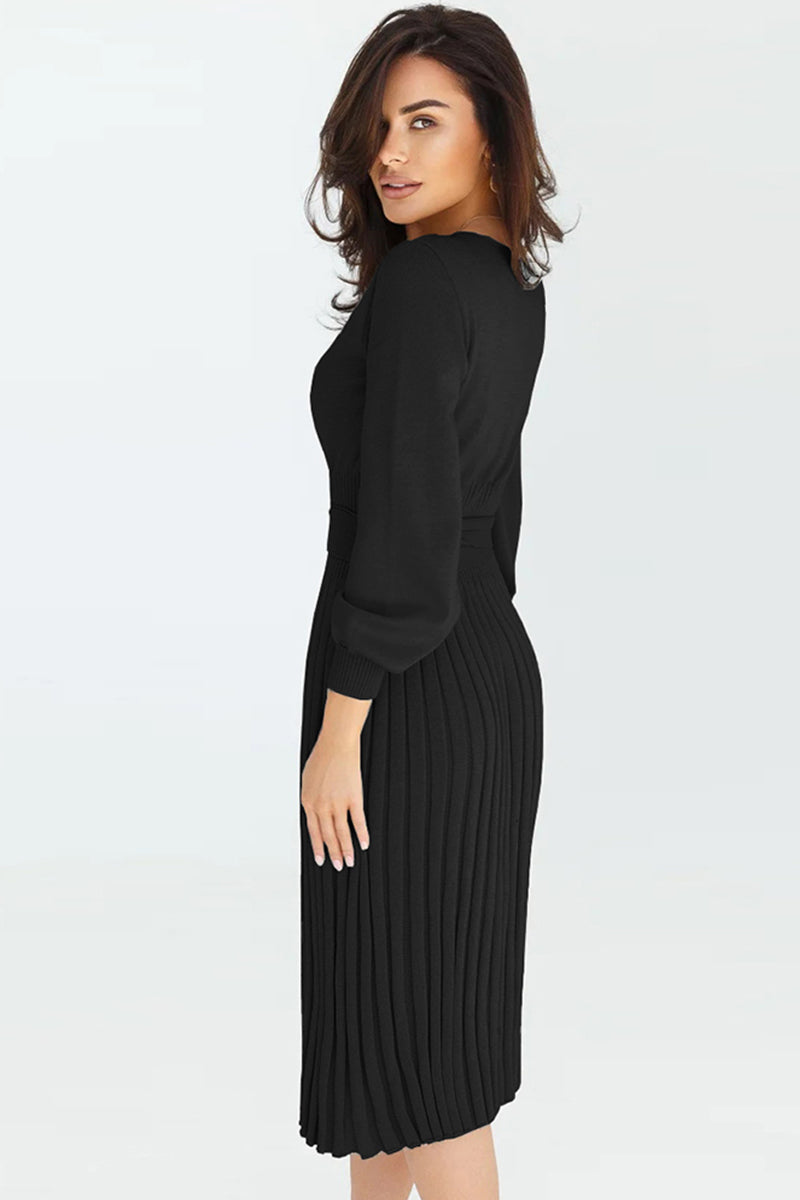Round Neck Long Sleeve Pleated Sweater Dress -