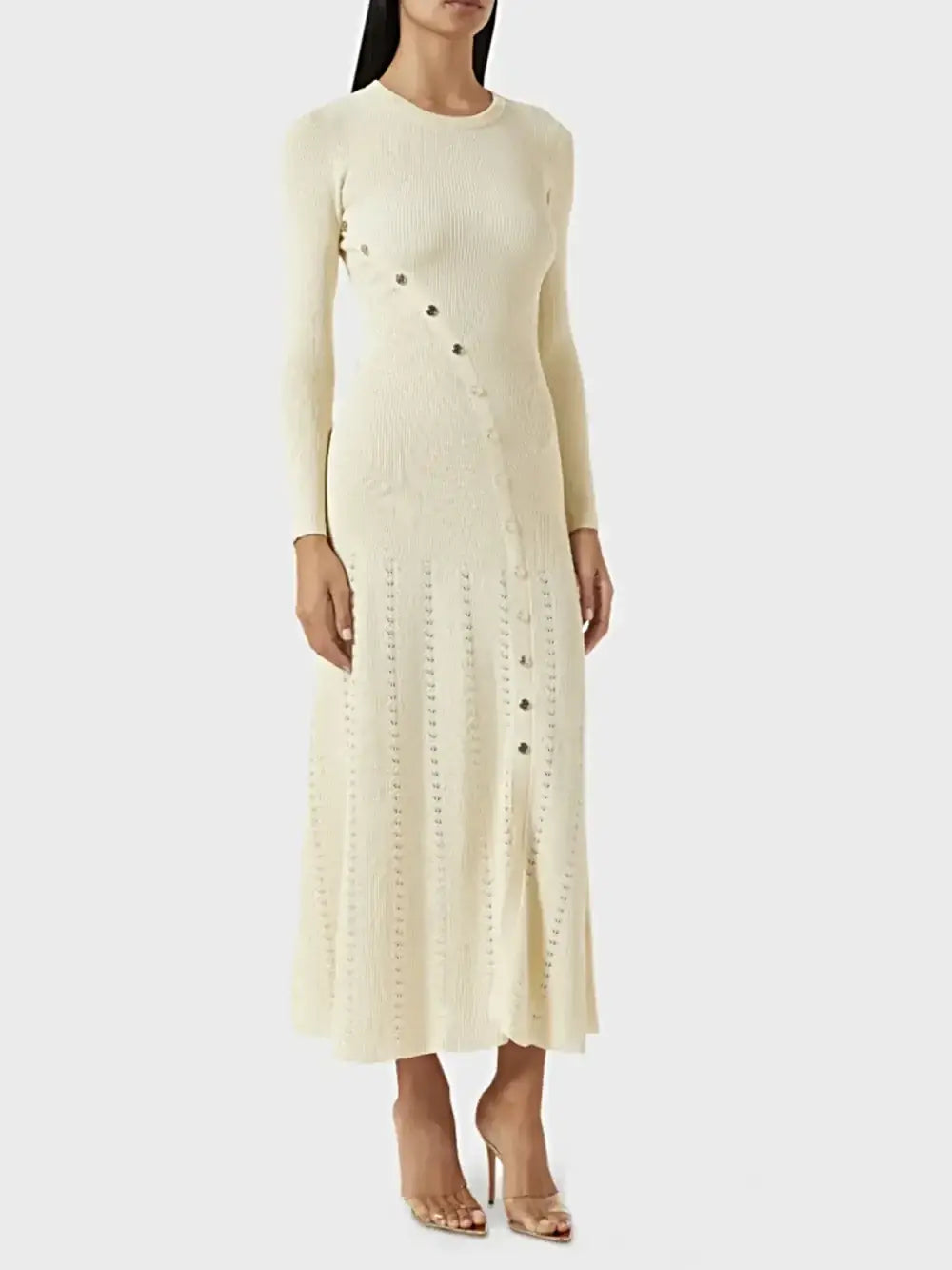 Openwork Round Neck Long Sleeve Sweater Dress -