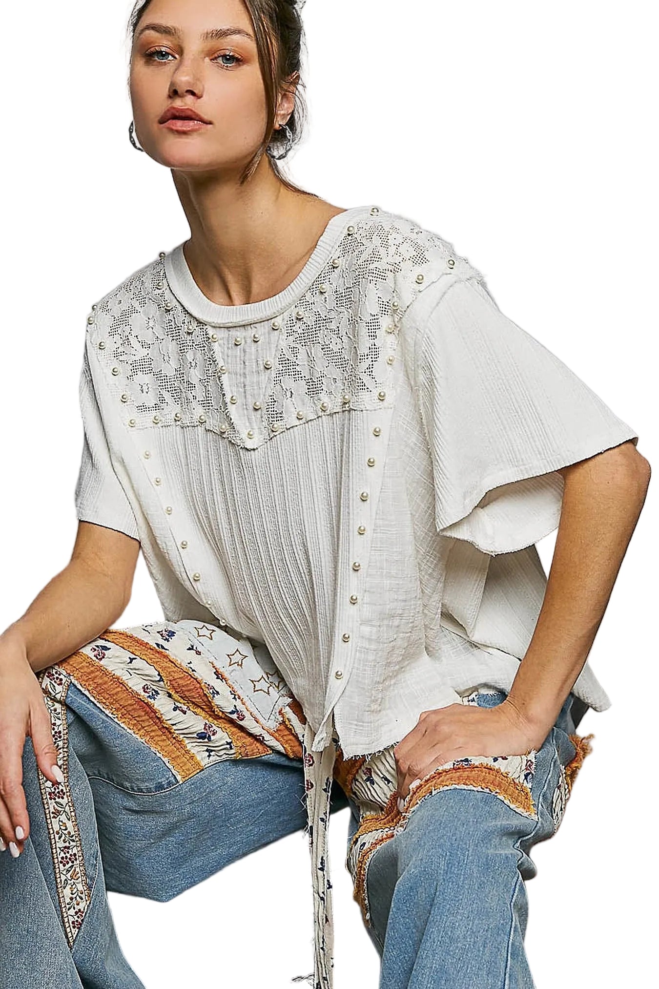 POL Lace Pearl Stud Round Neck Short Sleeve Shirt -