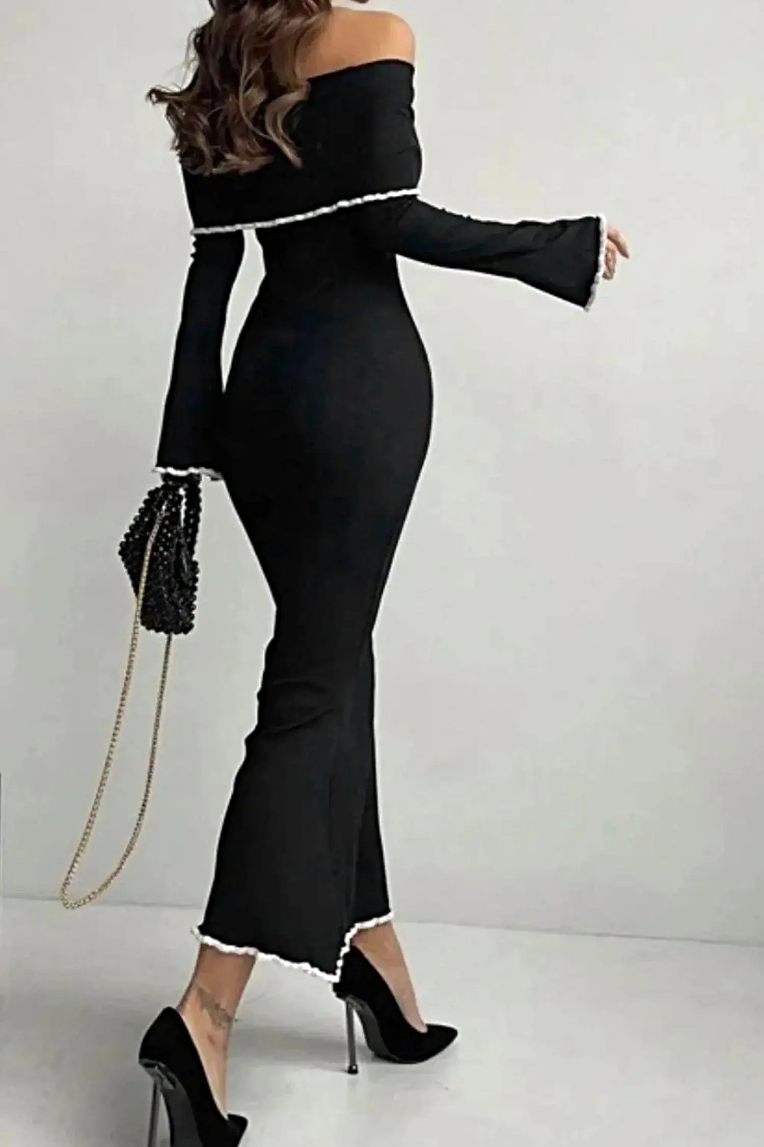 Contrast Trim Off-Shoulder Long Sleeve Maxi Sweater Dress -