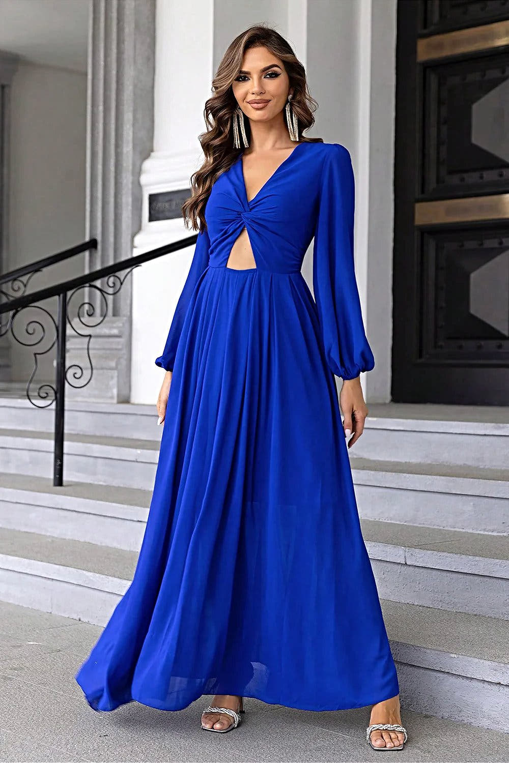 Chic Twist Front Cutout Long Sleeve Women's Fashion Dress in 100% Polyester Trendsi