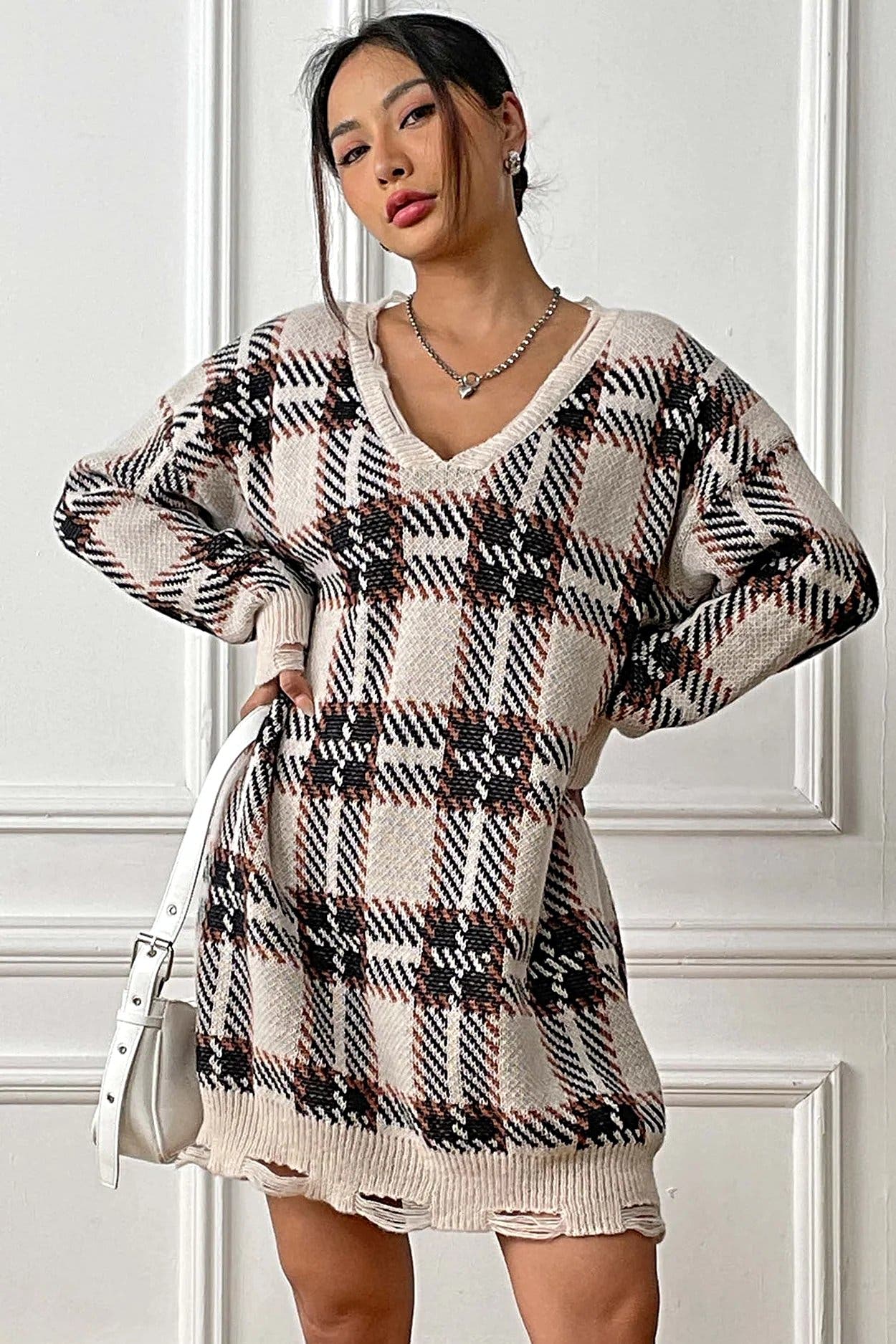Plaid V-Neck Long Sleeve Sweater Dress -