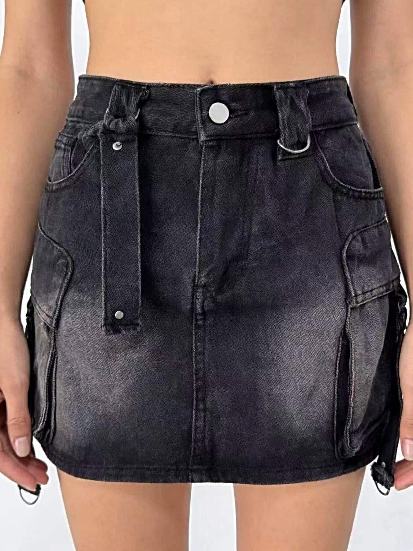 Washed Cargo Denim Skirt -