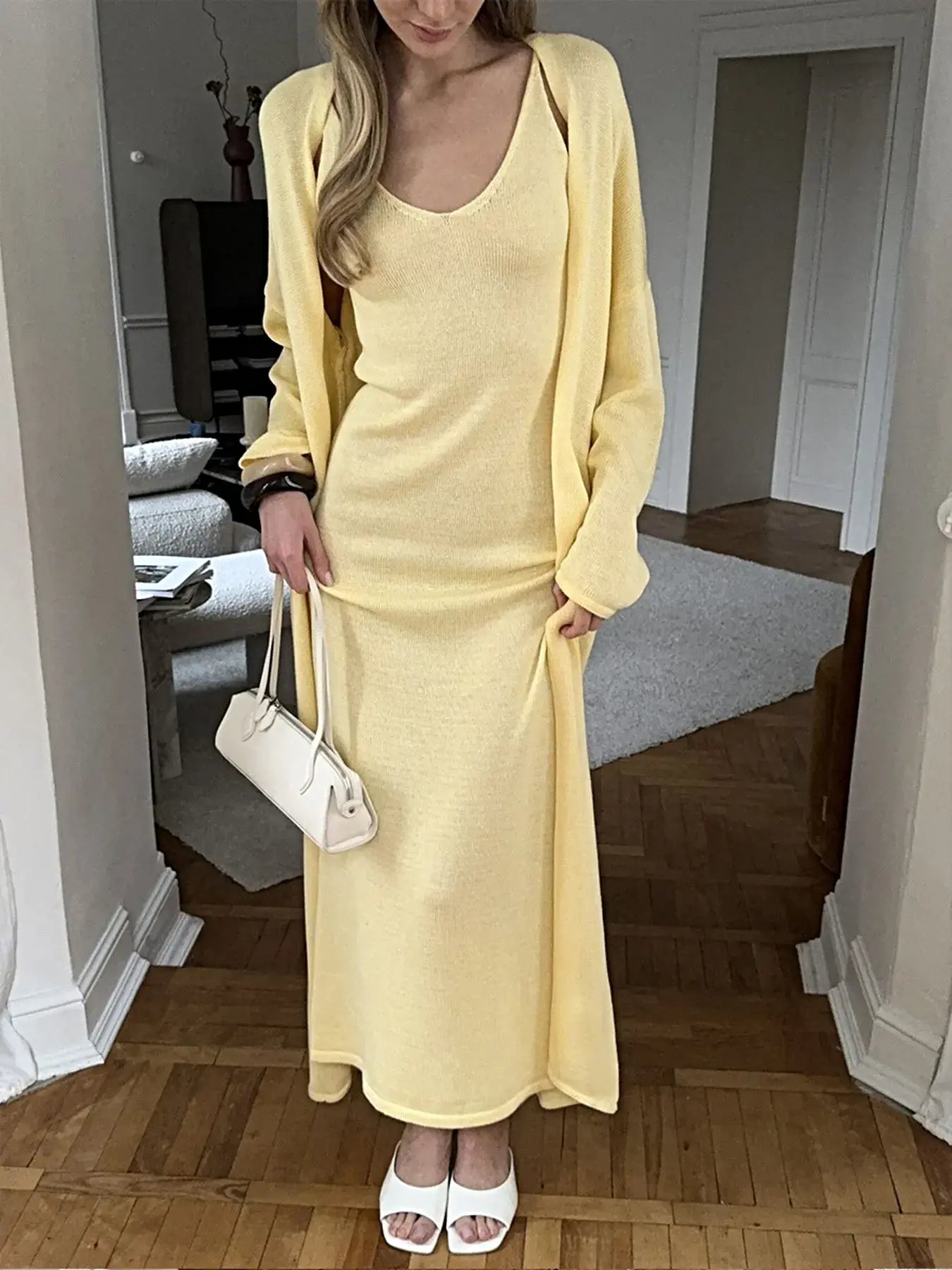 V-Neck Knit Dress and Cardigan Sweater Set -