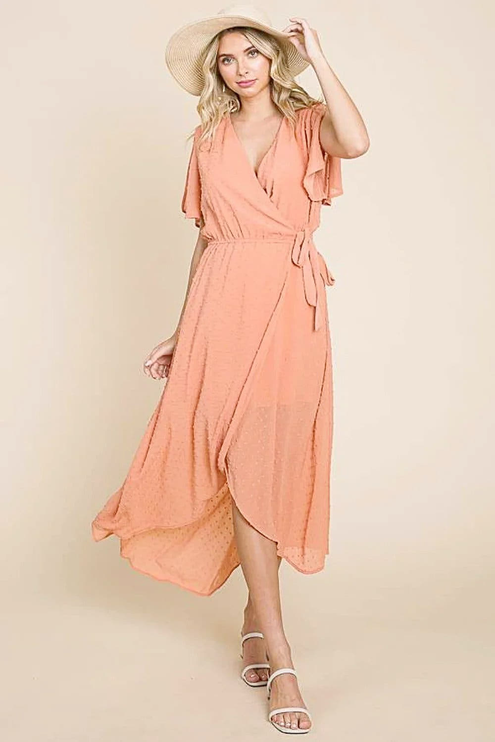 Culture Code Full Size Swiss Dot Tied Slit Short Sleeve Dress -