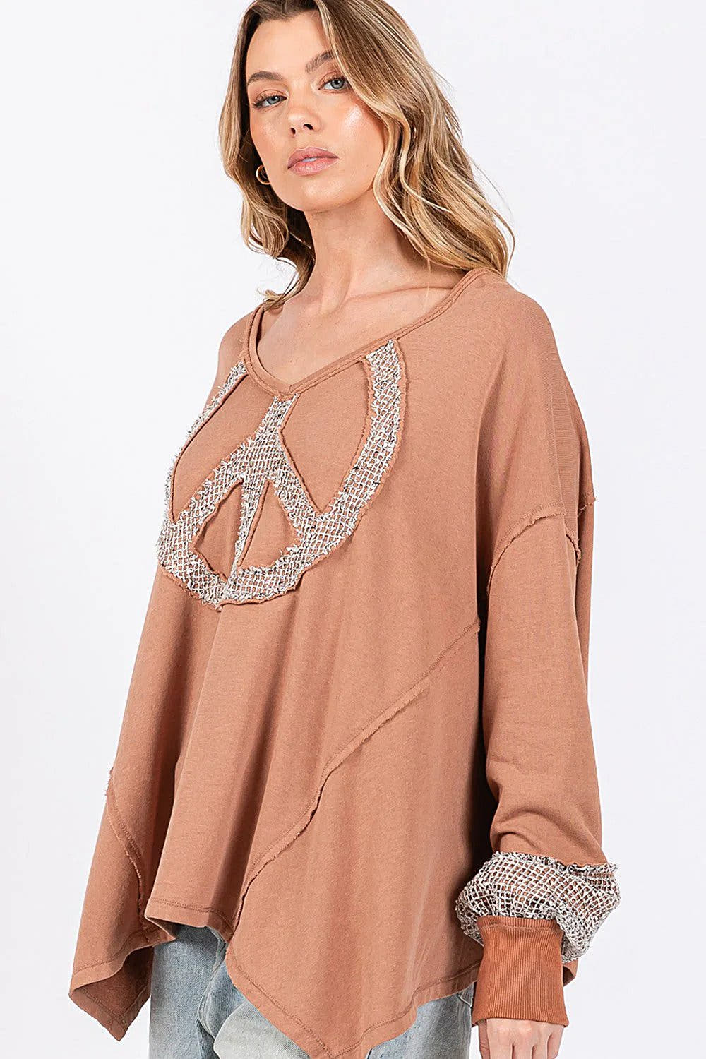 SAGE + FIG Peace Sign Shirt - V-Neck Mineral Wash Terry Top with Crochet Patchwork Trendsi