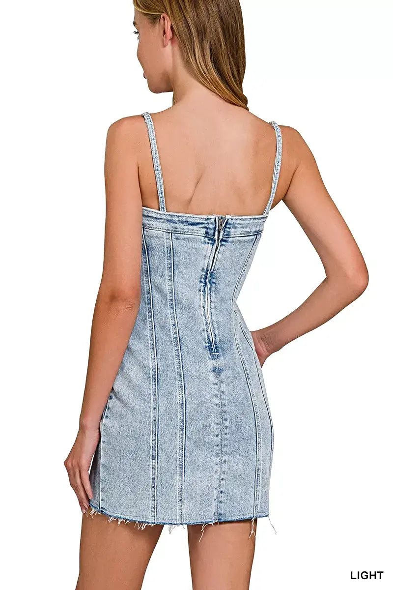 Zenana Spaghetti Strap Exposed Seam Light-Wash Dress -