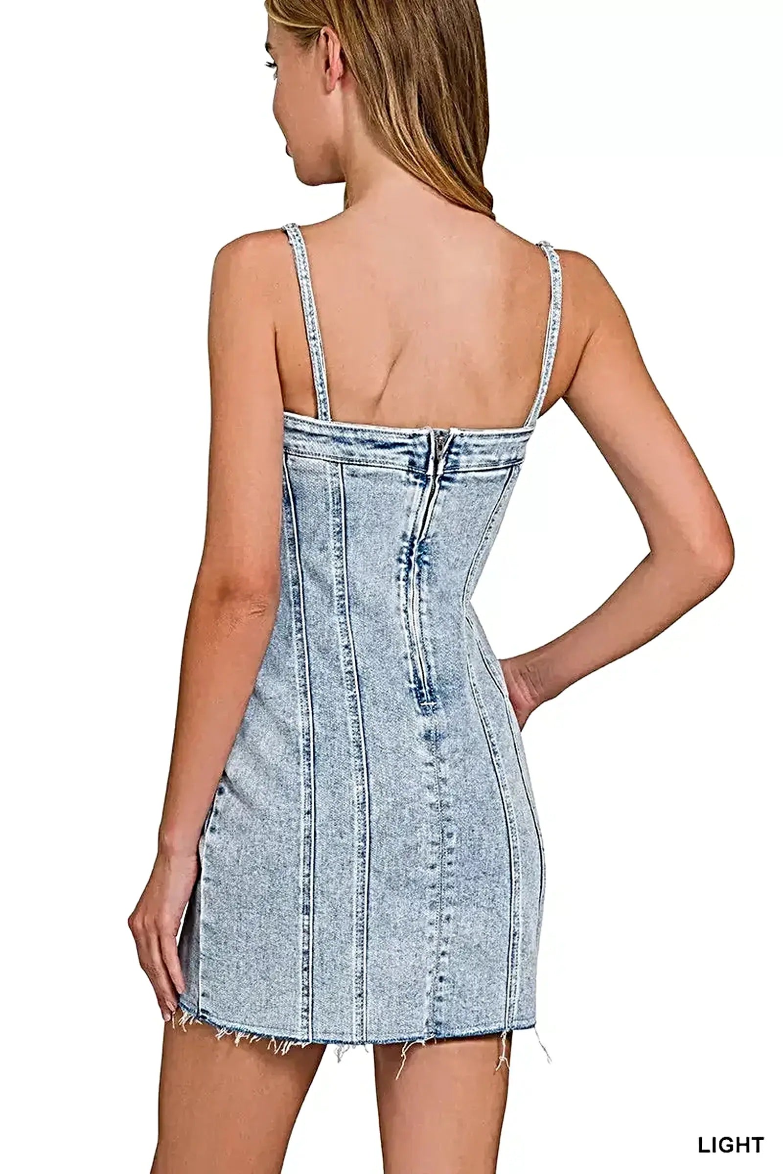 Trendsi Light-Wash Summer Dress with Spaghetti Straps and Exposed Seams, Trendy Raw Hem Design -