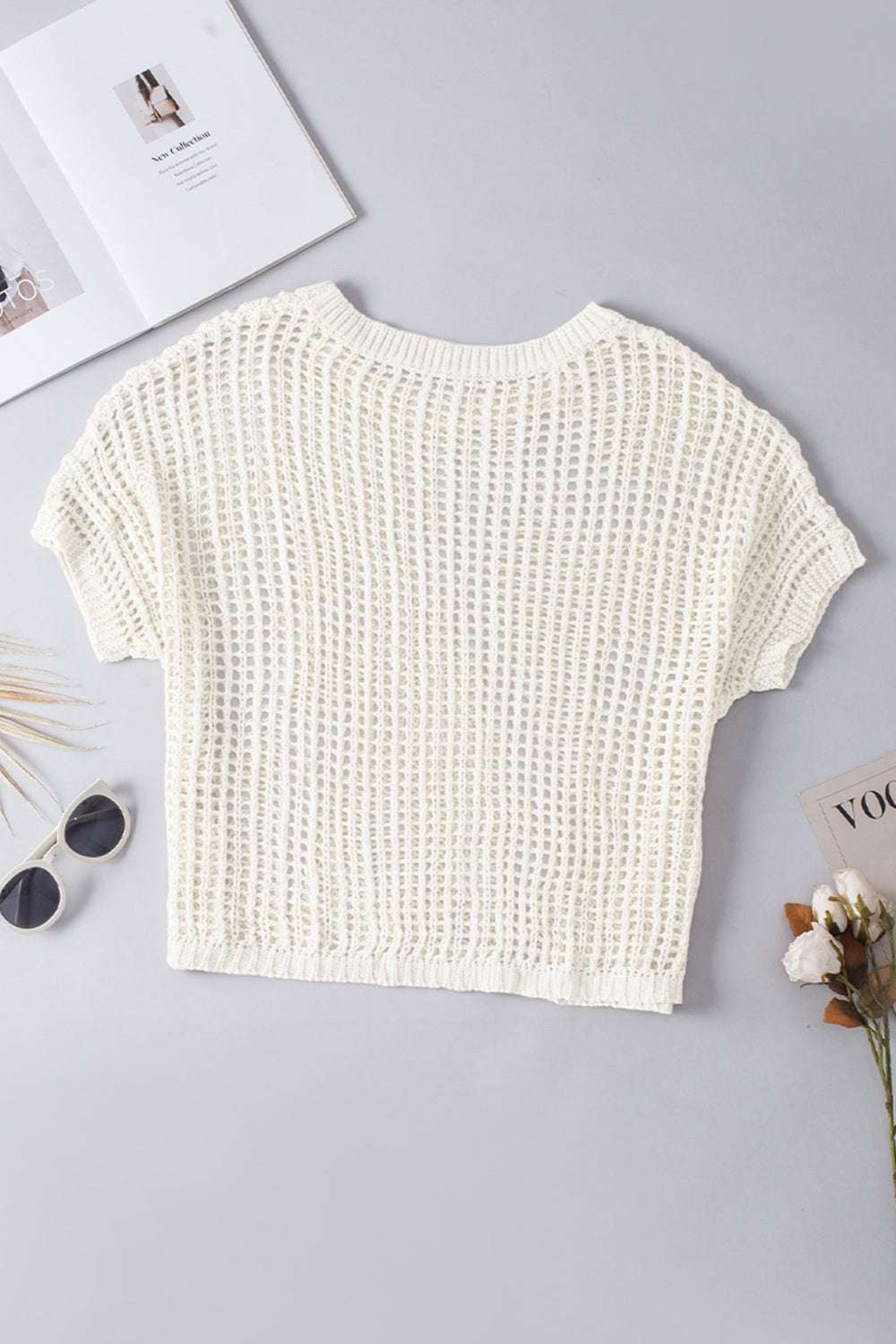 Openwork Round Neck Half Sleeve Knit Cover Up Trendsi