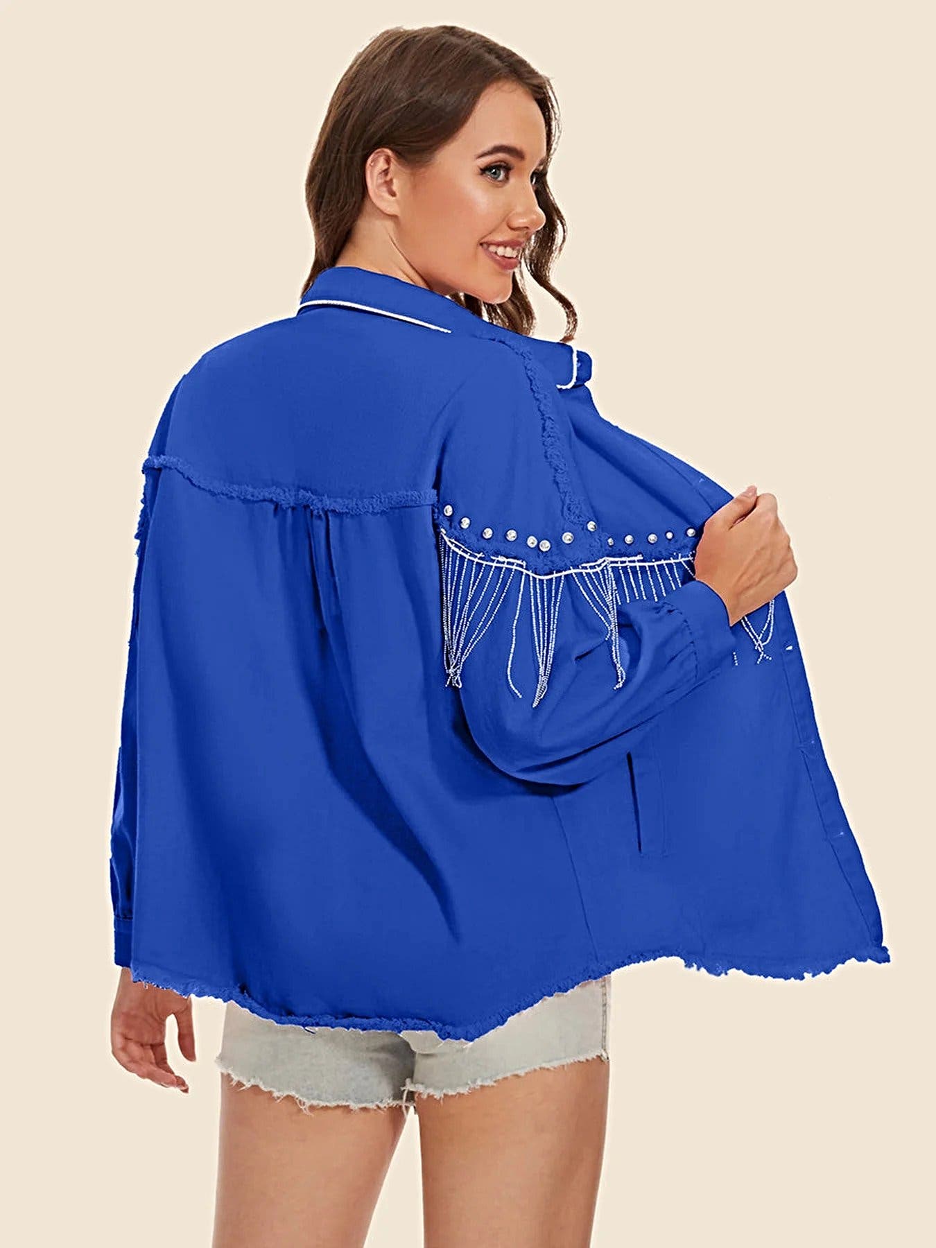 Raw Hem Fringe Detail Denim Jacket -