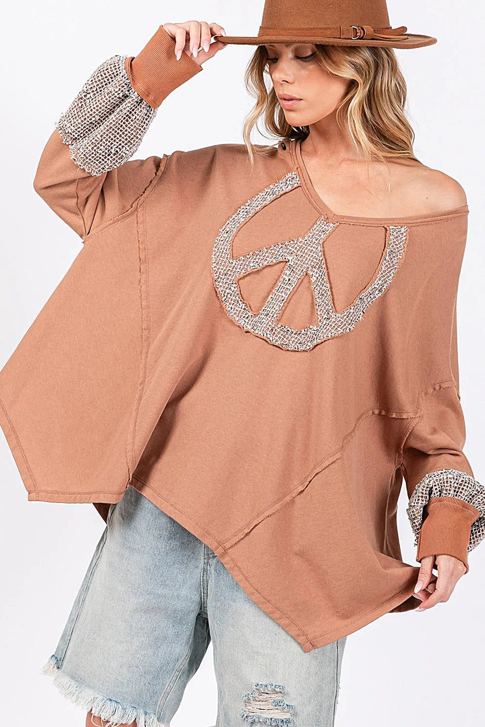 SAGE + FIG Peace Sign Shirt - V-Neck Mineral Wash Terry Top with Crochet Patchwork Trendsi