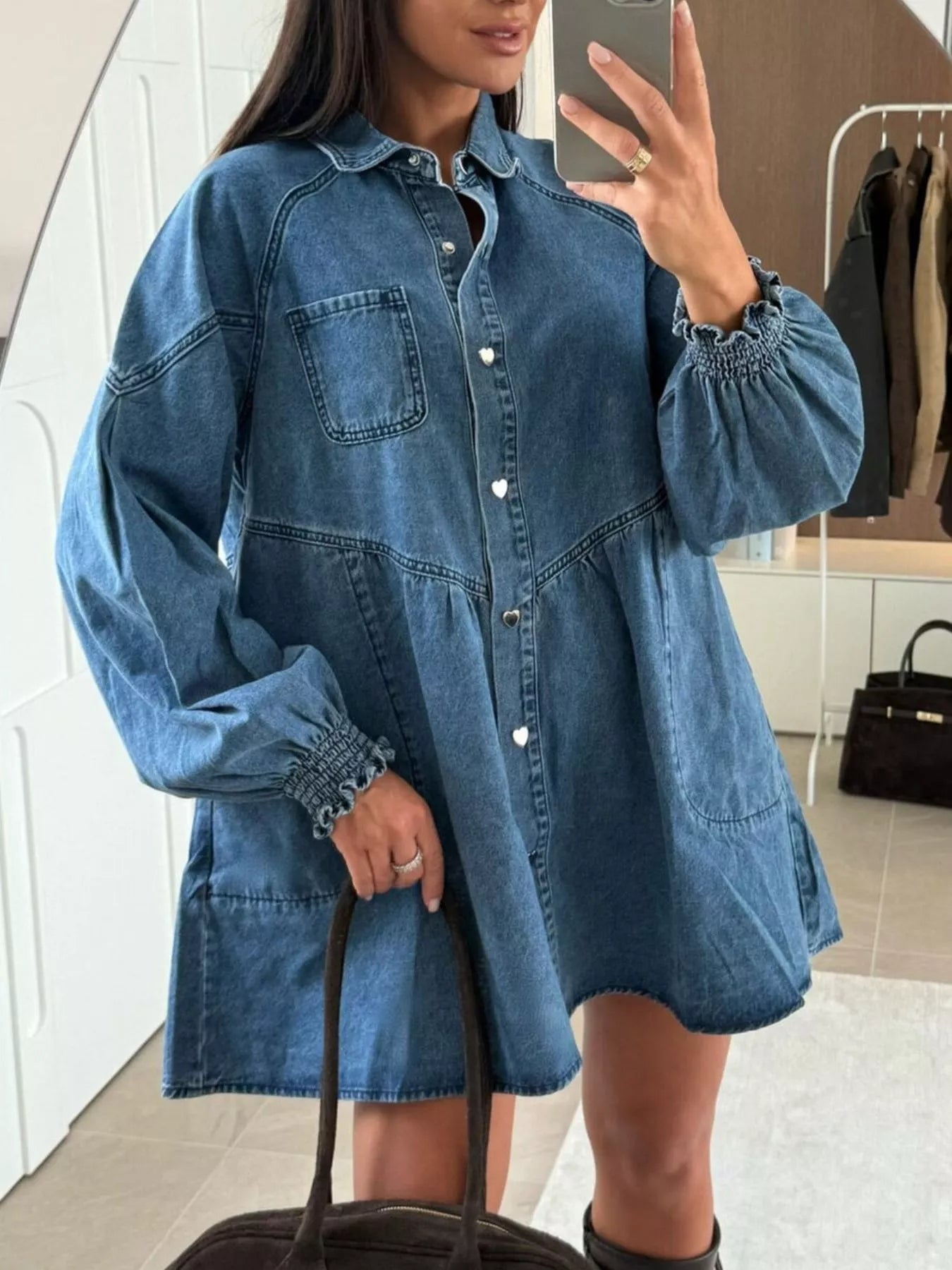 Button Down Mini Denim Dress with Front Pockets -