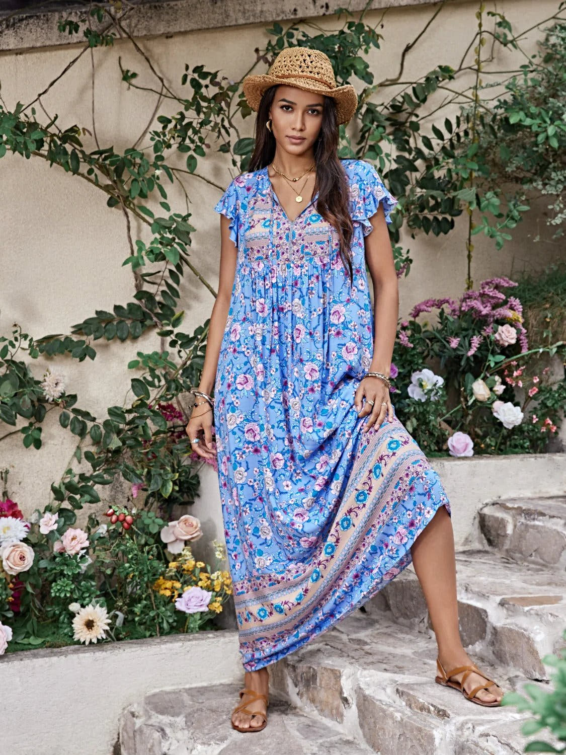 Ruffled Printed Tie Neck Cap Sleeve Dress -