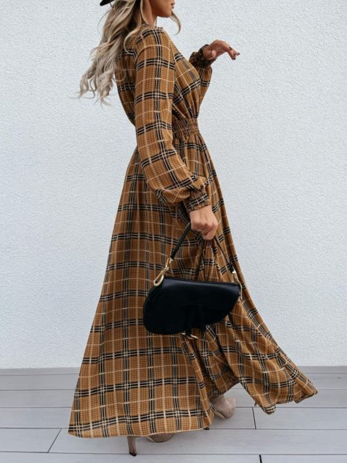 Elegant Plaid Maxi Dress with Slit and Tie Neck, Long Sleeve, 100% Polyester Trendsi