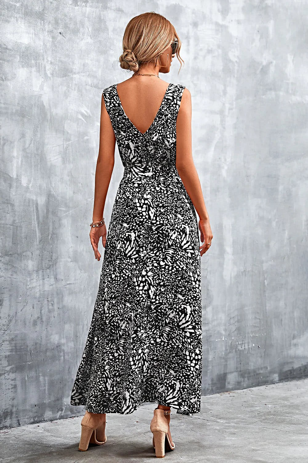 Printed V-Neck Tie Waist Maxi Dress -