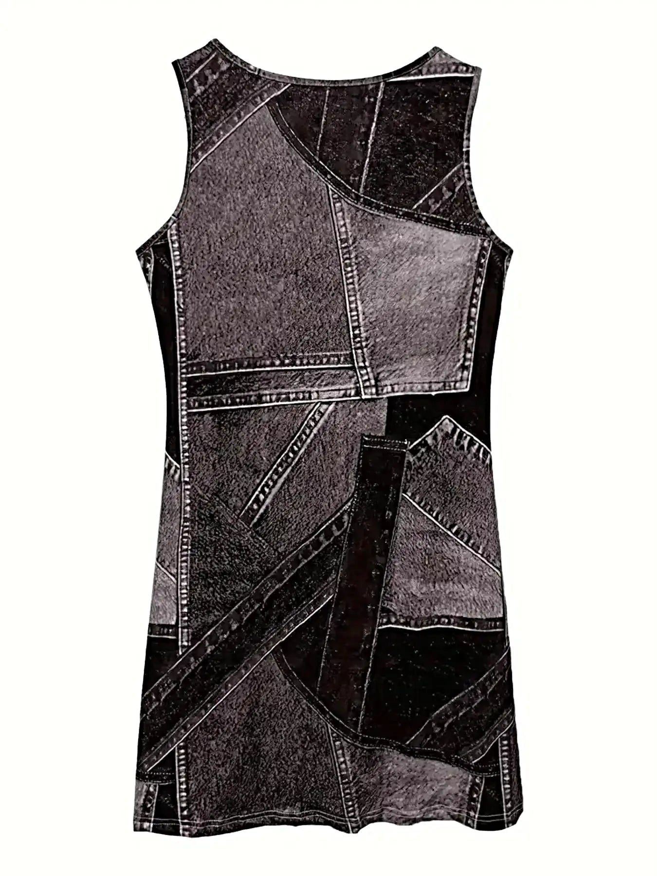 Patchwork Denim Dress - Scoop Neck Sleeveless Midi with Pockets - Versatile and Stylish -