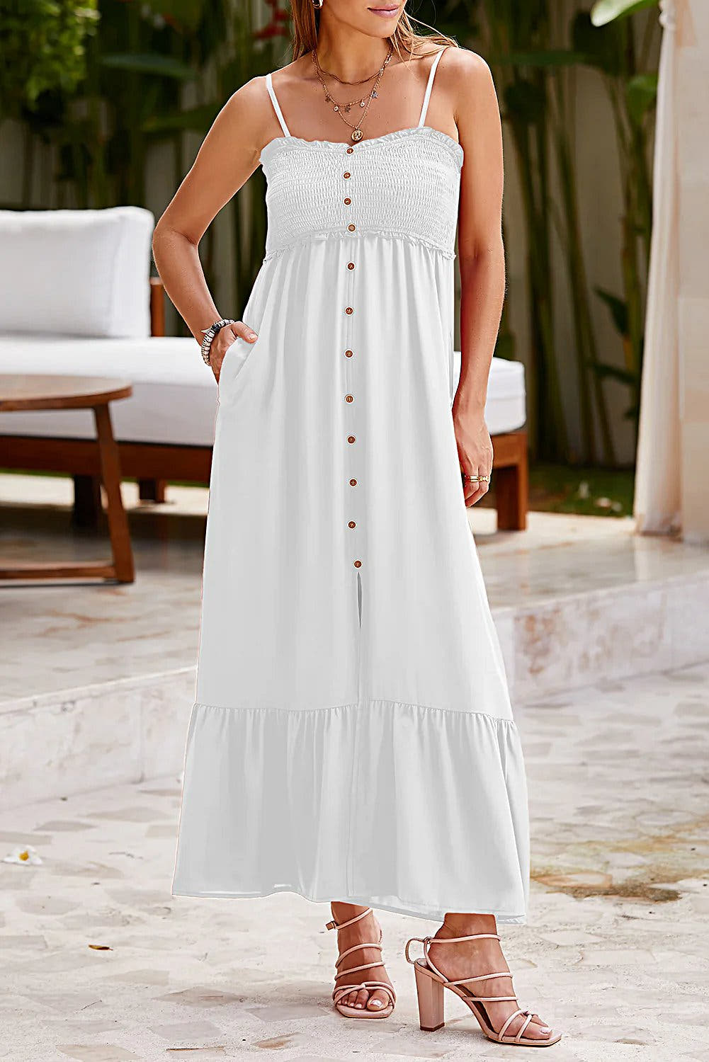 Smocked Spaghetti Strap Ruffle Hem Dress -