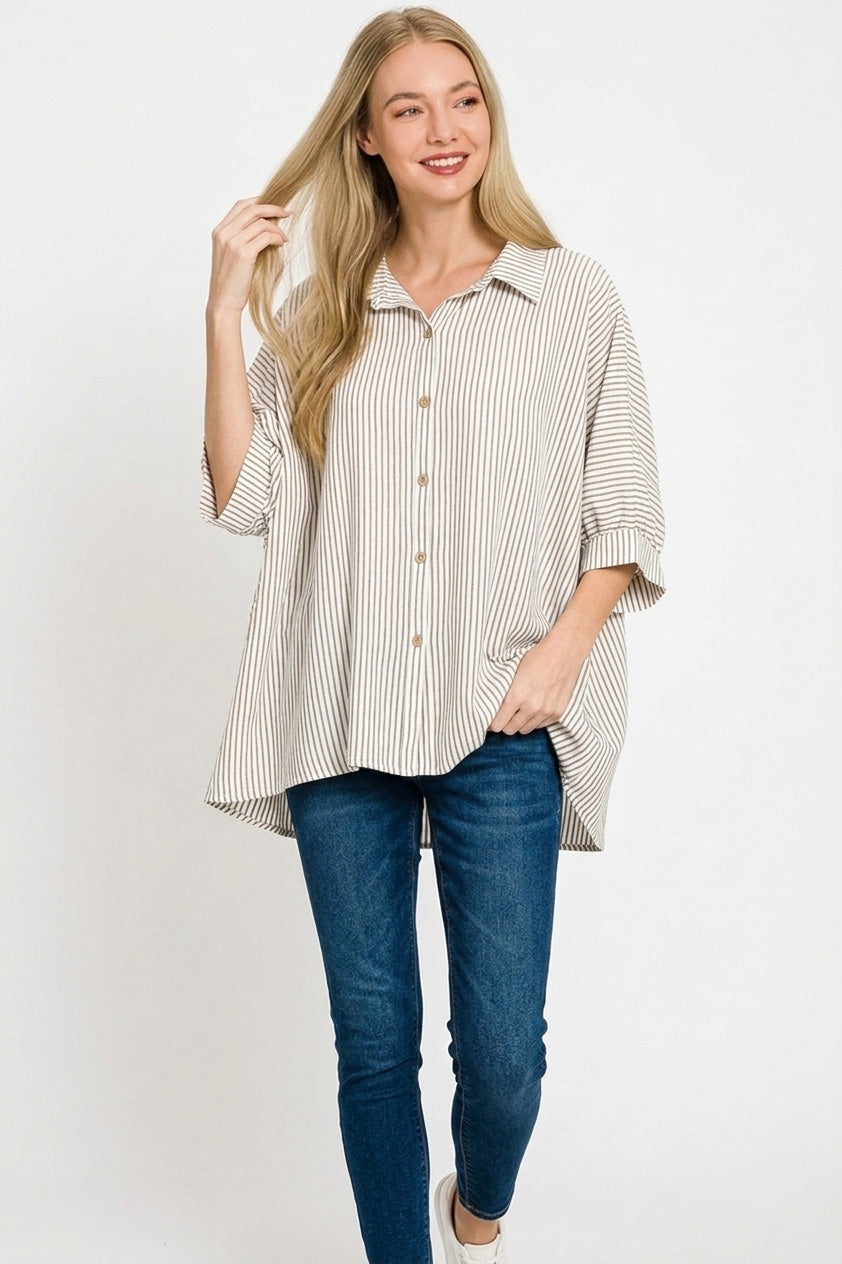 Zenana Woven Stripe Button Down Boxy Shirt -
