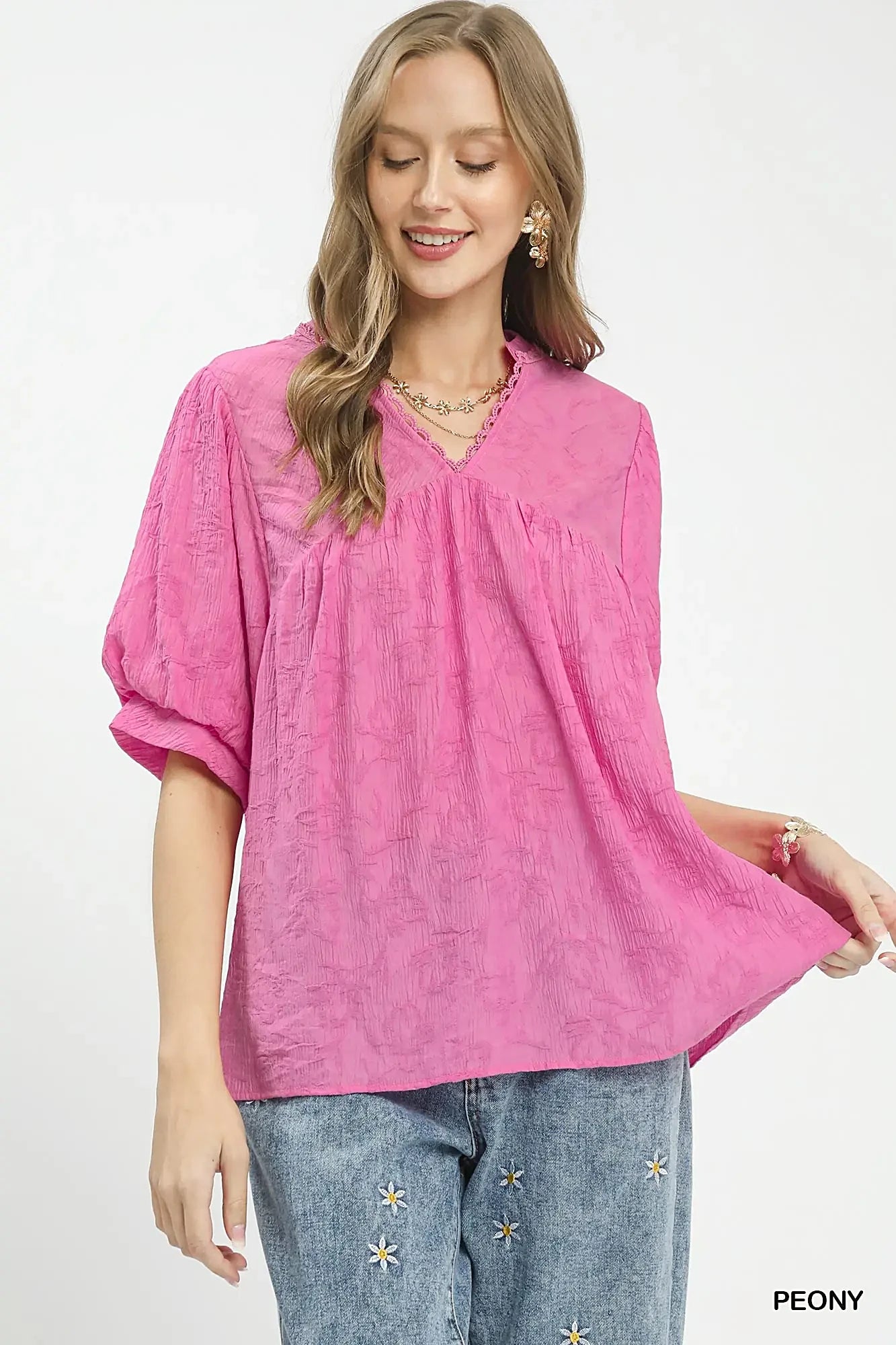 Umgee Textured Lace Trim V-Neck Boho Blouse -