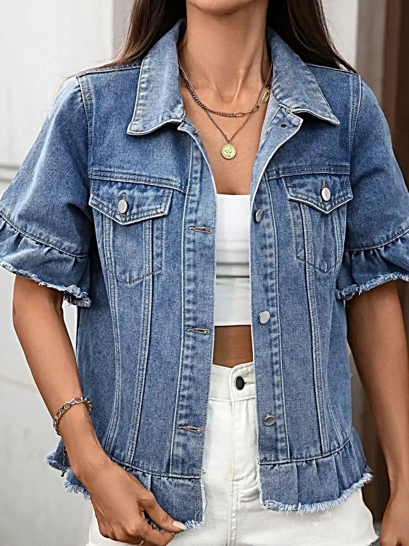 Chic Raw Hem Button Up Denim Jacket with Ruffled Details - Trendy Fashion for Every Occasion -