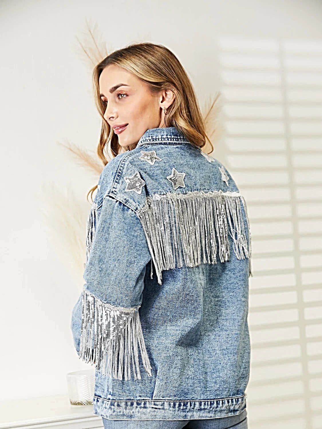 Fringe Detail Long Sleeve Denim Jacket -