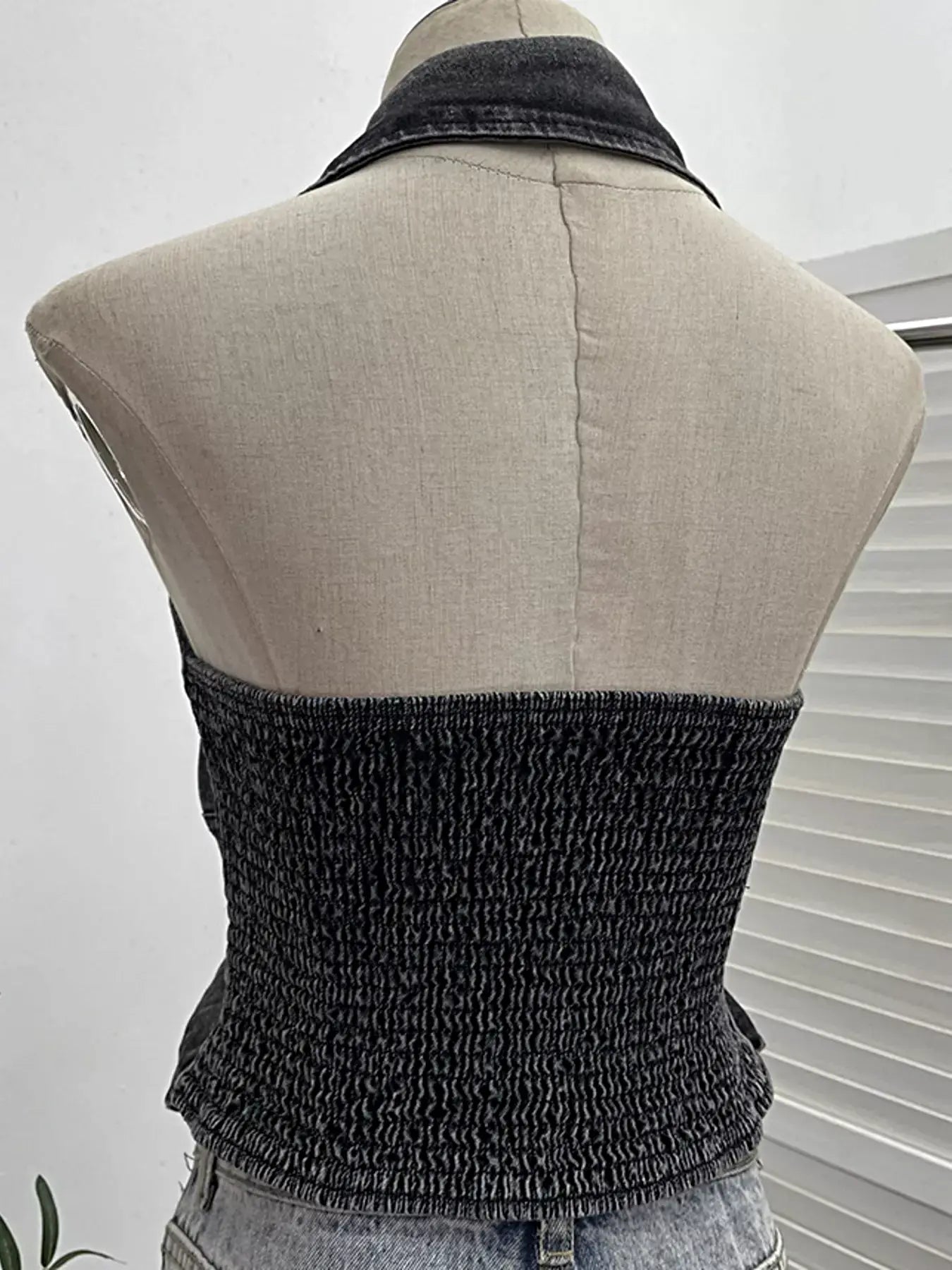 Smocked Denim Halter Collar Top -