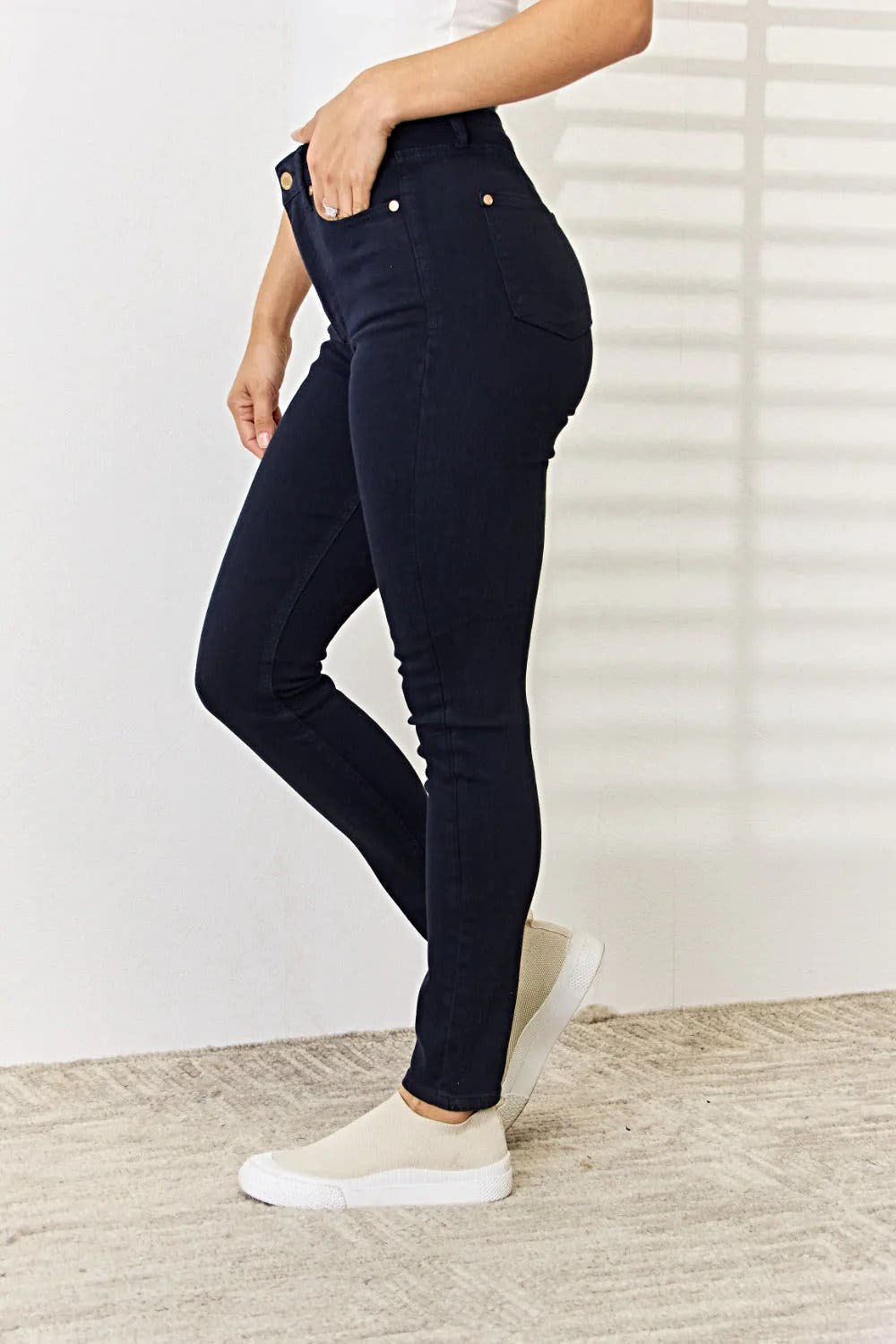 Judy Blue Tummy Control Skinny Jeans - Full Size Garment Dyed for a Flattering Fit Trendsi