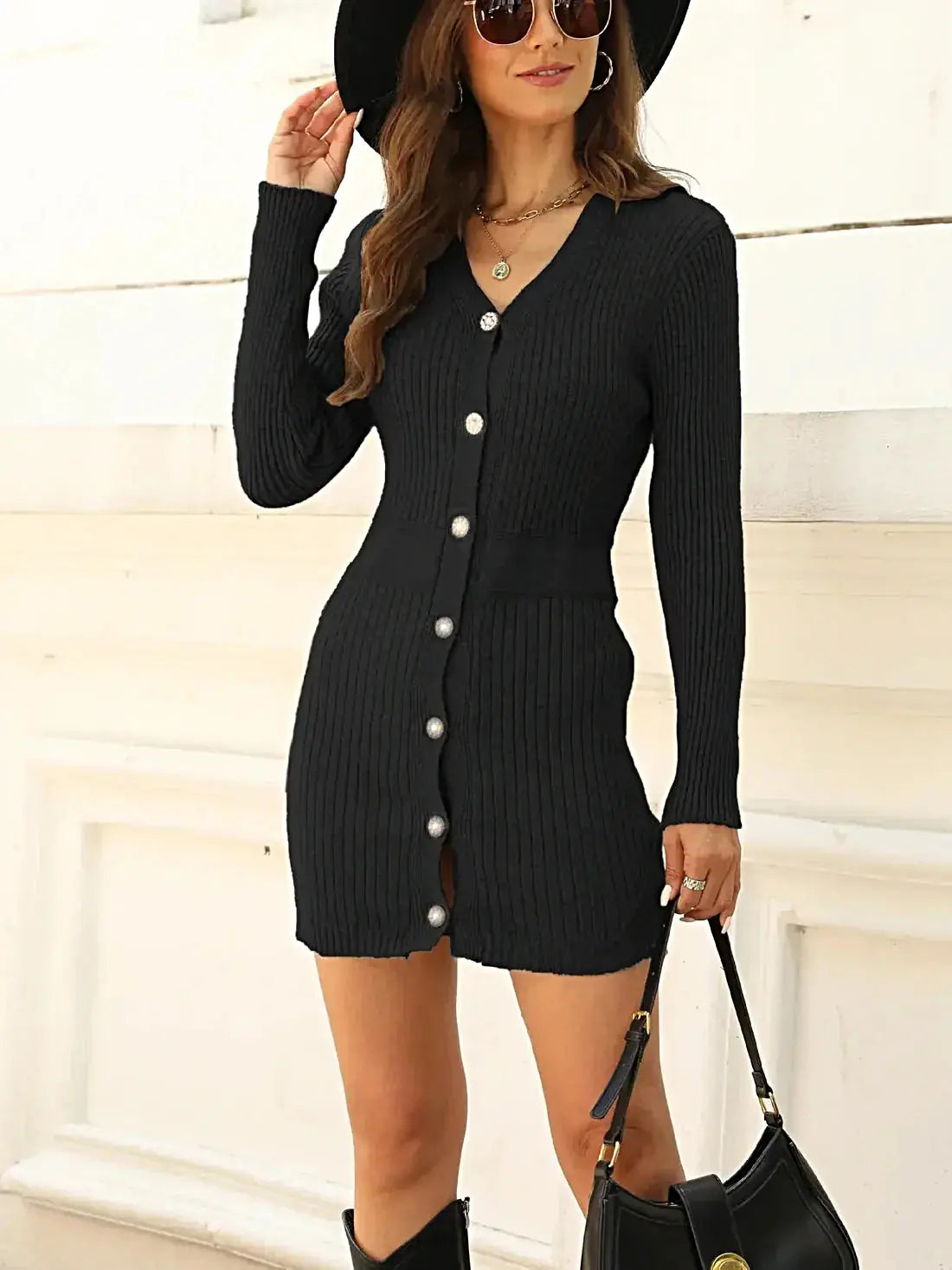 Ribbed Button-Front V-Neck Sweater Dress -