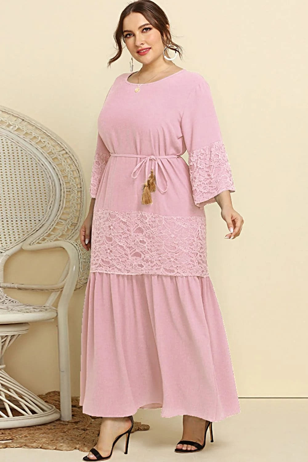 Plus Size Spliced Lace Tassel Belted Dress -
