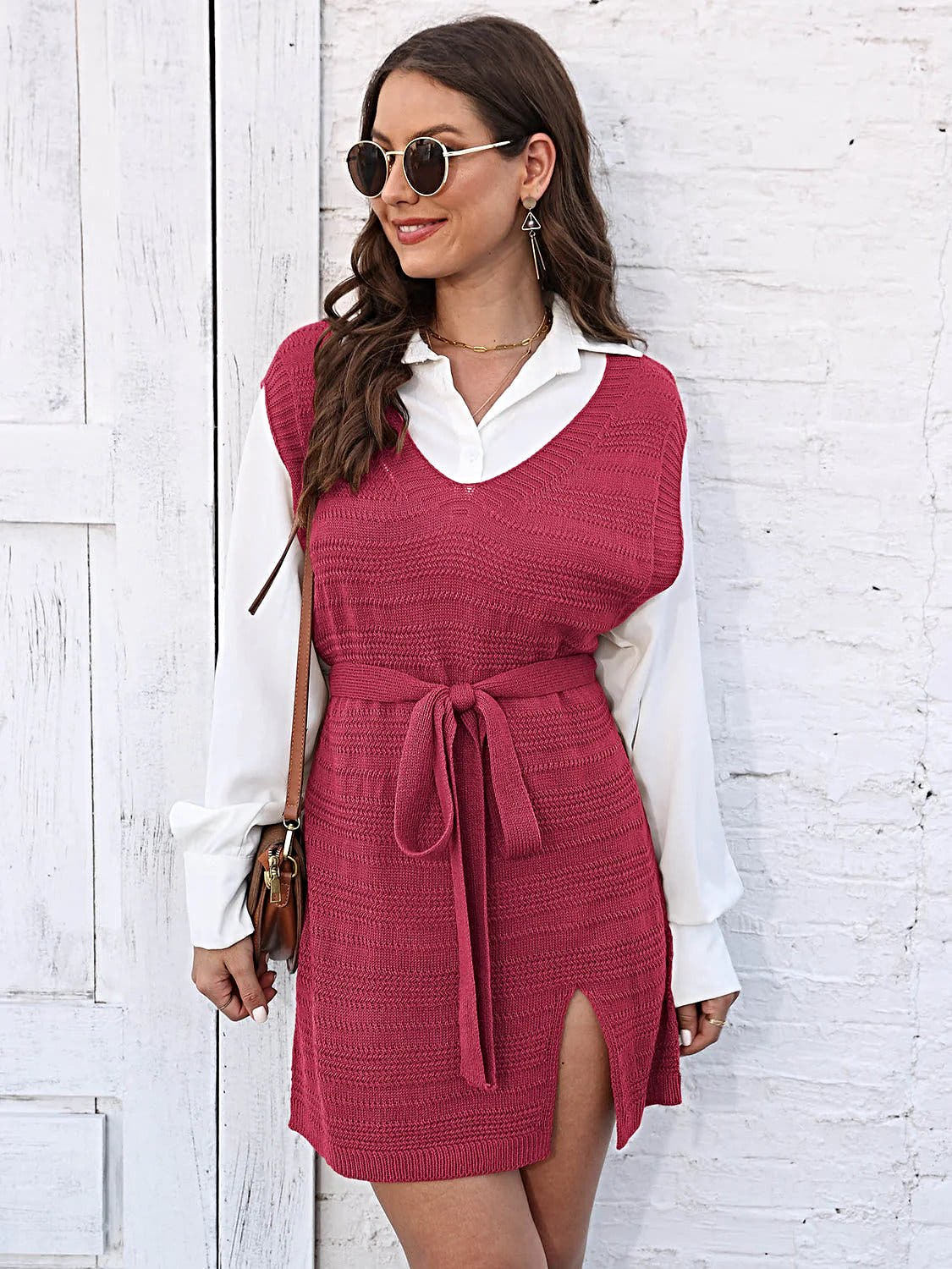 Luxury Tie Front Sweater Dress With V-Neck, Sleeveless Design, And Elegant Slit Trendsi