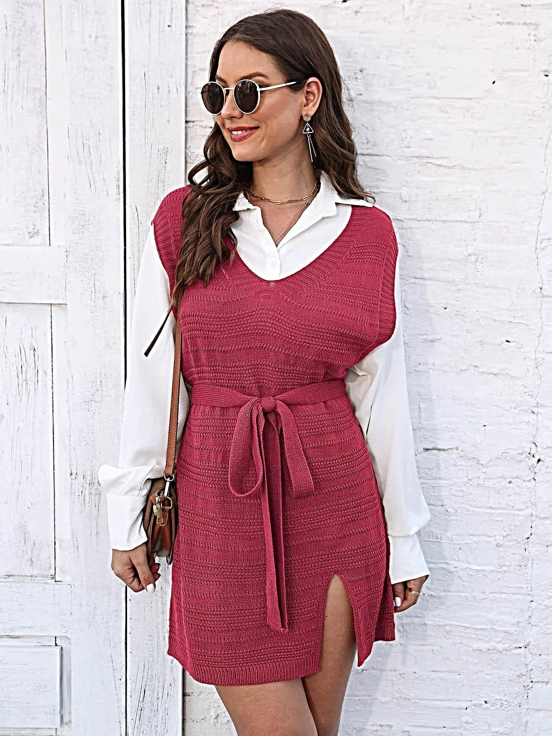 Luxury Tie Front Sweater Dress With V-Neck, Sleeveless Design, And Elegant Slit -