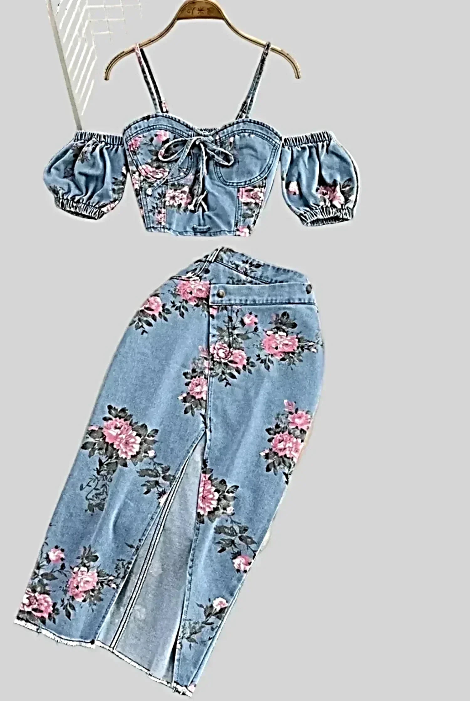 Floral Print Sweetheart Neck Cami and Skirt Denim Set -
