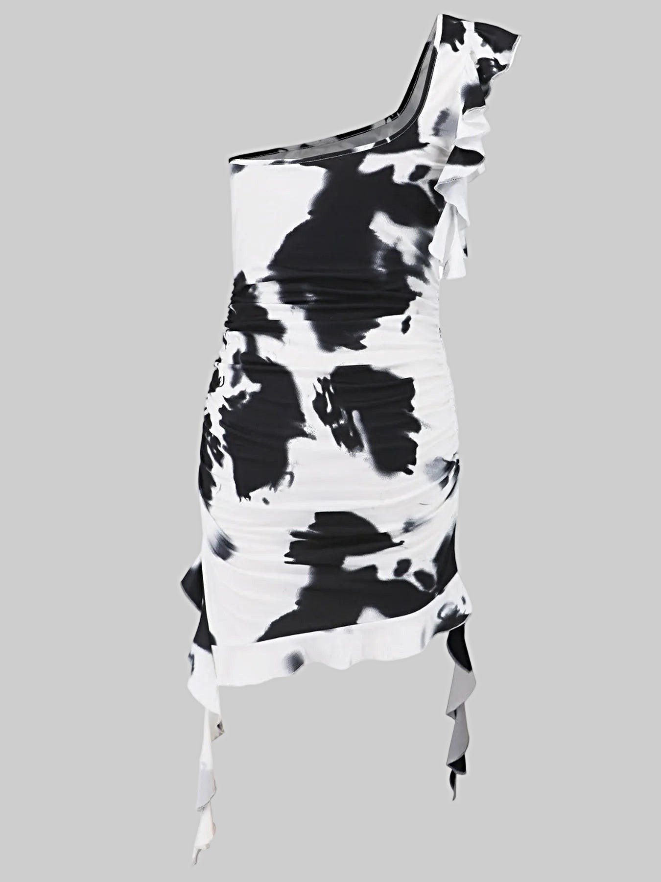 Ruffled Tie-Dye Single Shoulder Mini Dress -