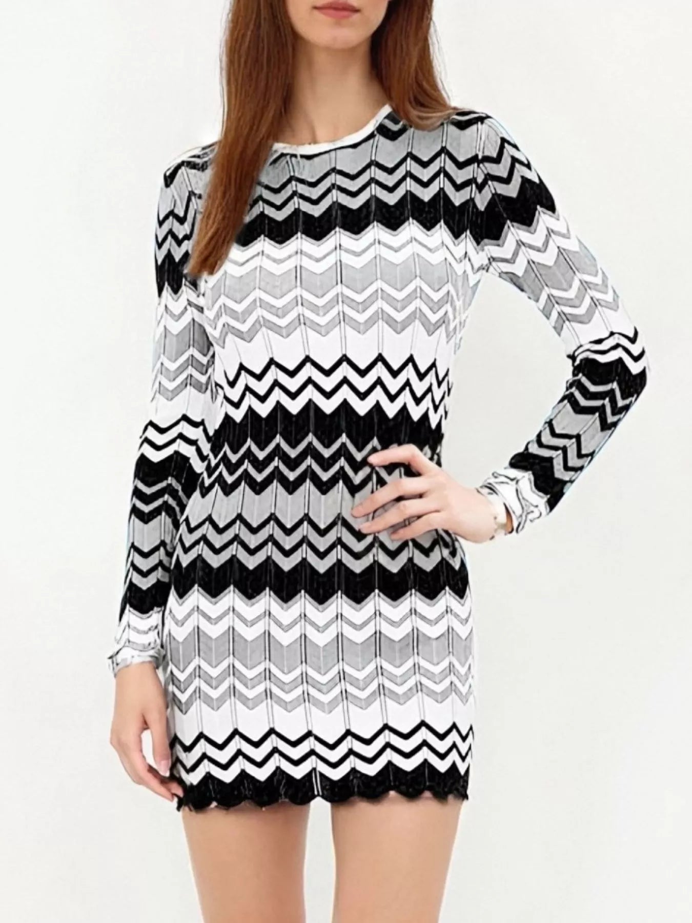 Openwork Wave Pattern Long Sleeve Sweater Dress -