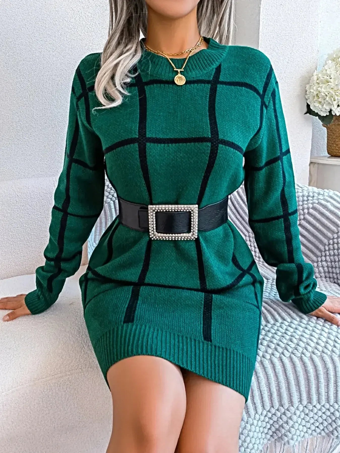 Plaid Round Neck Dropped Shoulder Sweater Dress -