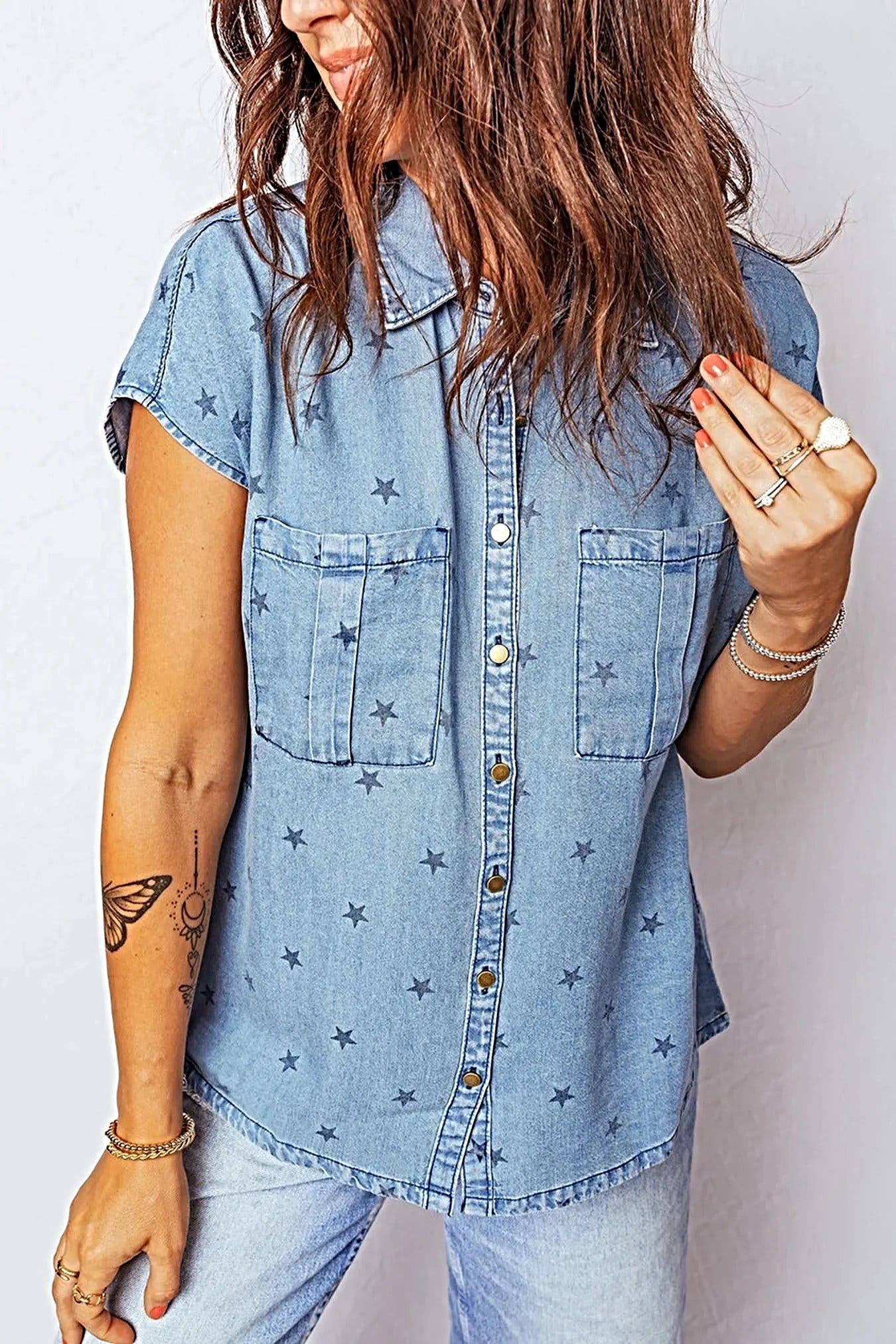 Double Chest Pocket Short Sleeve Denim Shirt -