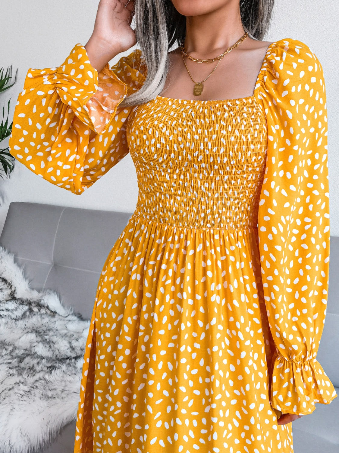 Smocked Square Neck Flounce Sleeve Dress -