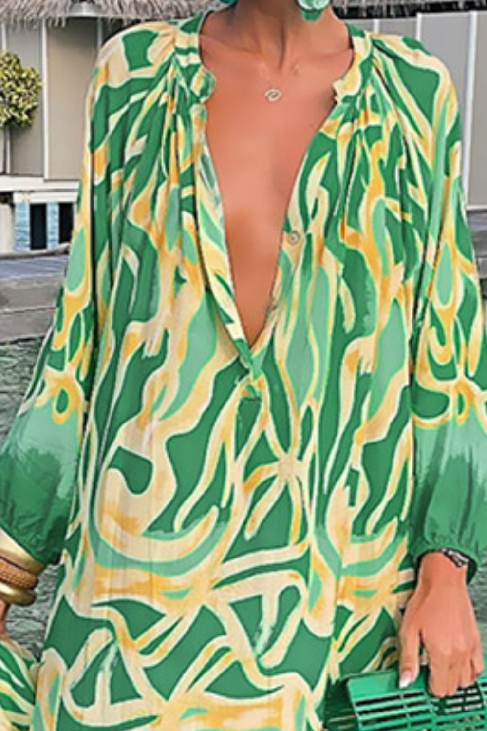 Elegant 100% Polyester Maxi Dress Abstract Print, Buttoned Balloon Sleeves & Notched Neckline Trendsi