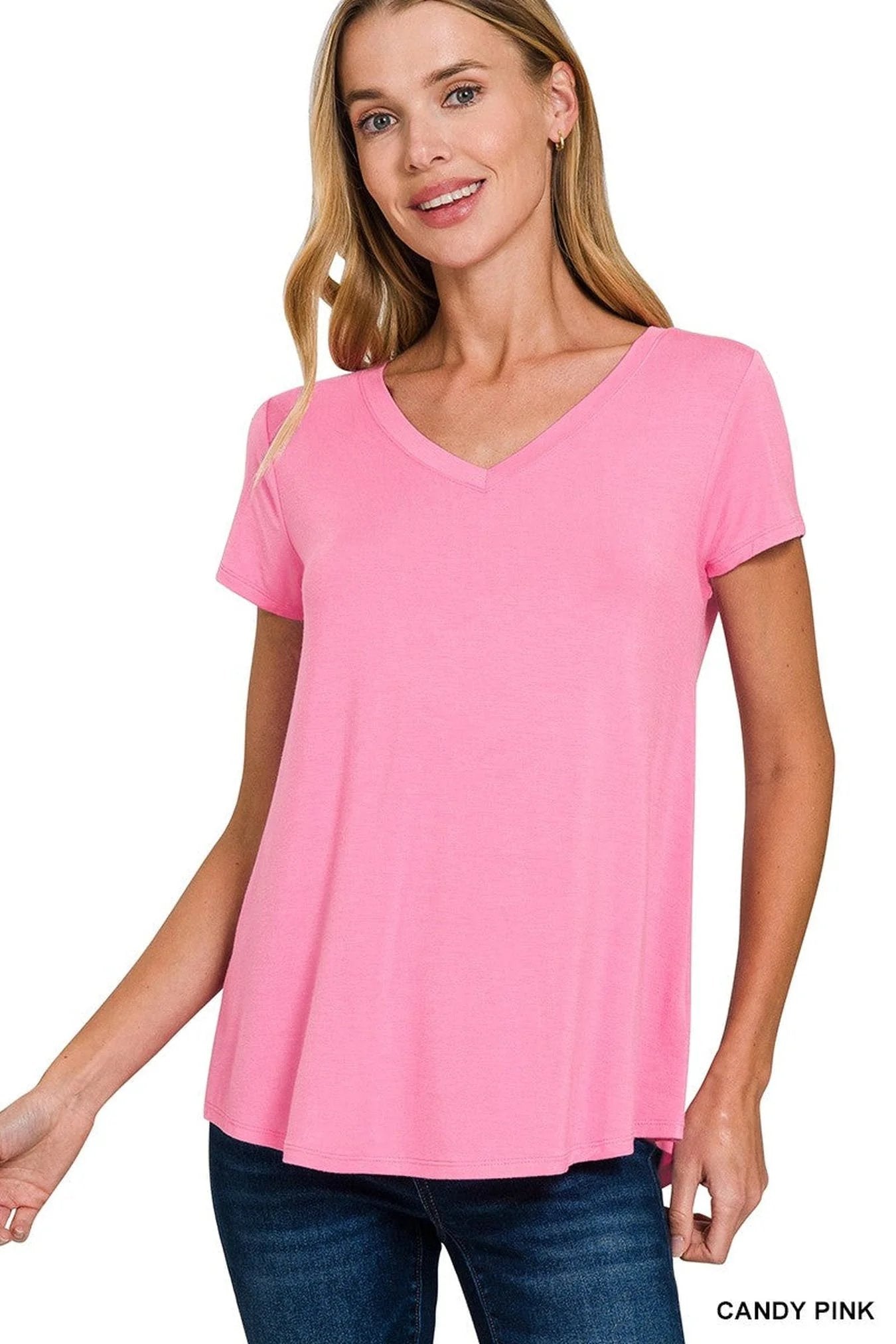Zenana Rayon Short Sleeve V-neck Round Hem Top -
