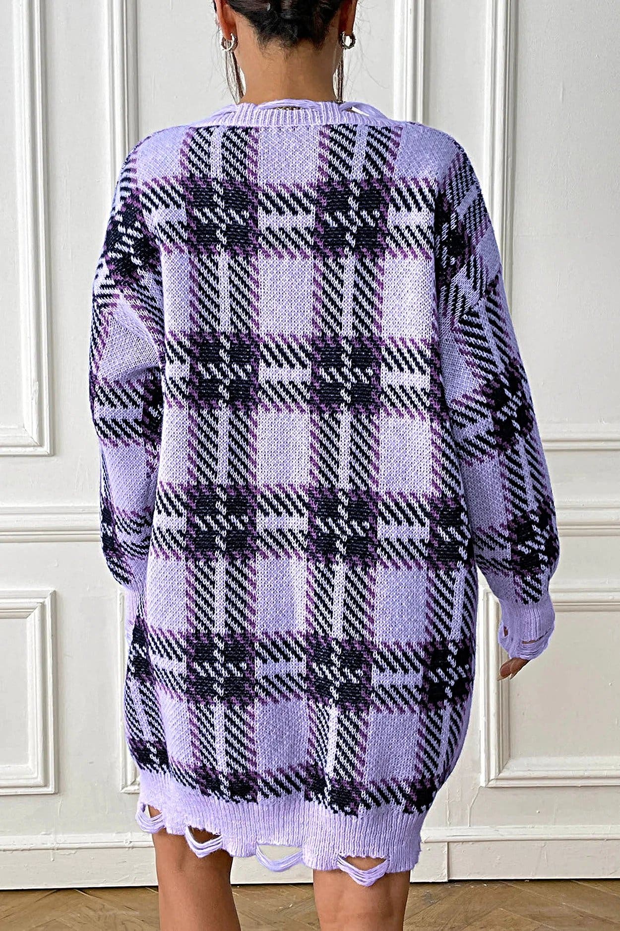 Plaid V-Neck Long Sleeve Sweater Dress -