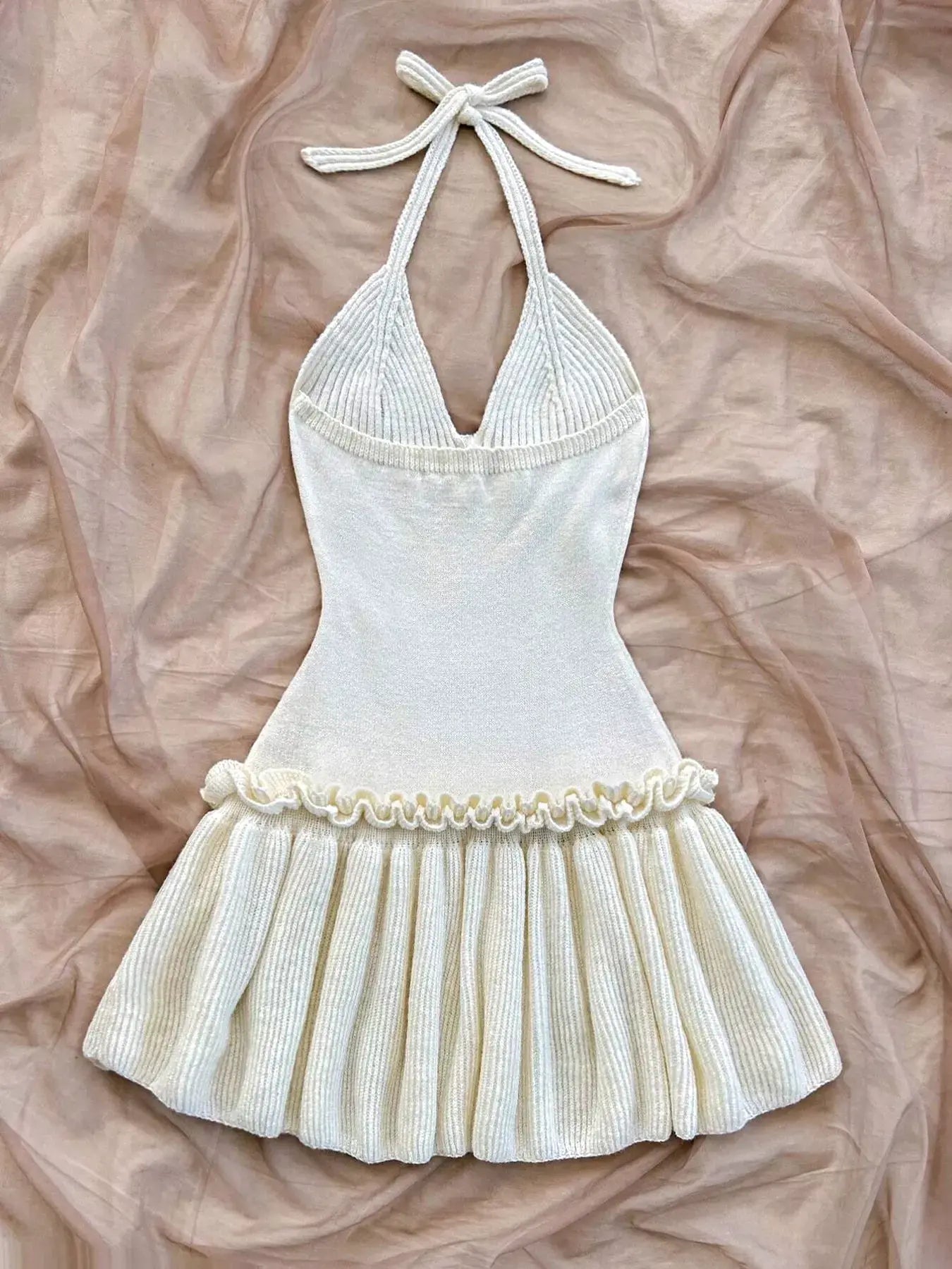 Halter Neck Ruffle Hem Knit Sweater Dress -