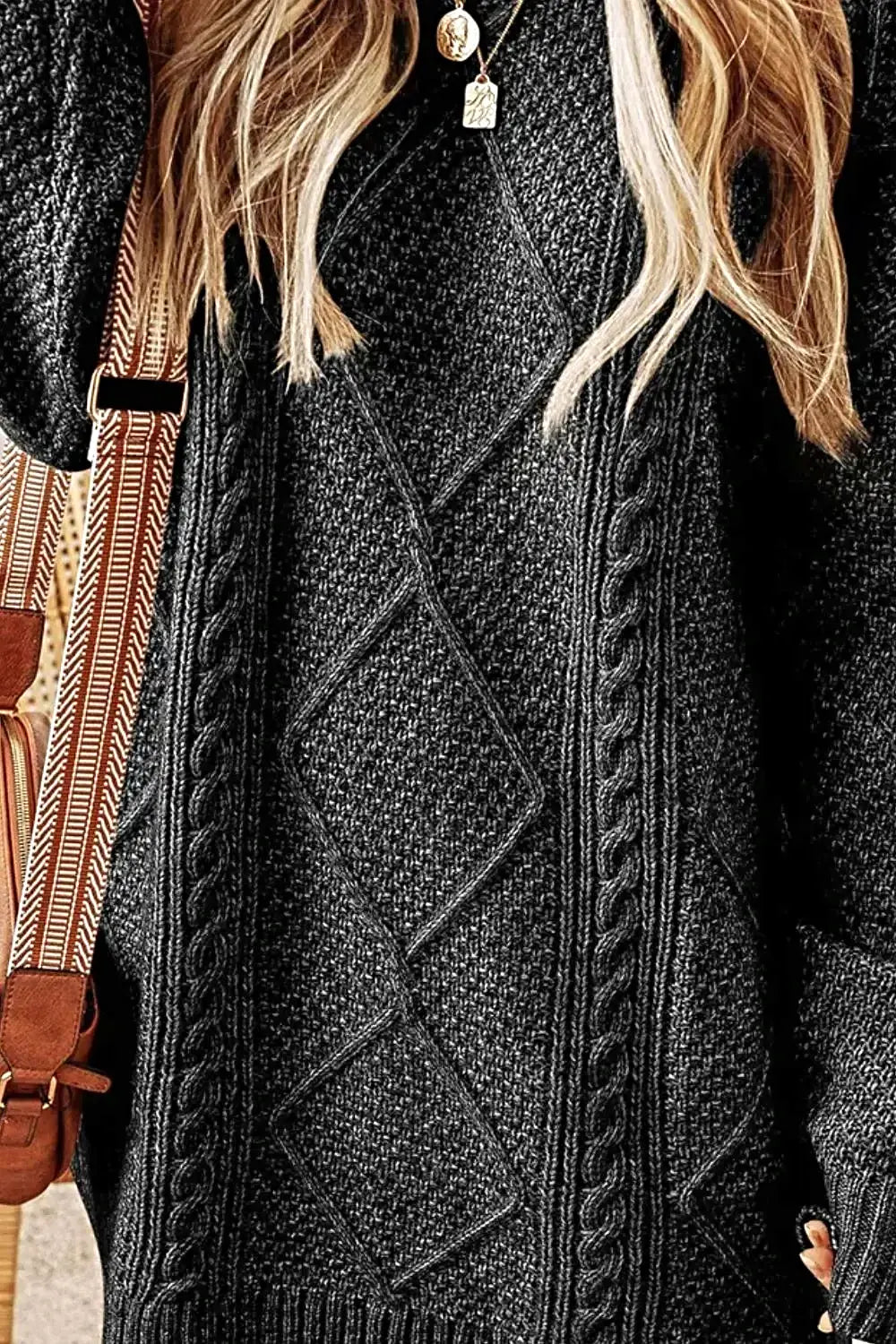 Cable-Knit Round Neck Sweater Dress -