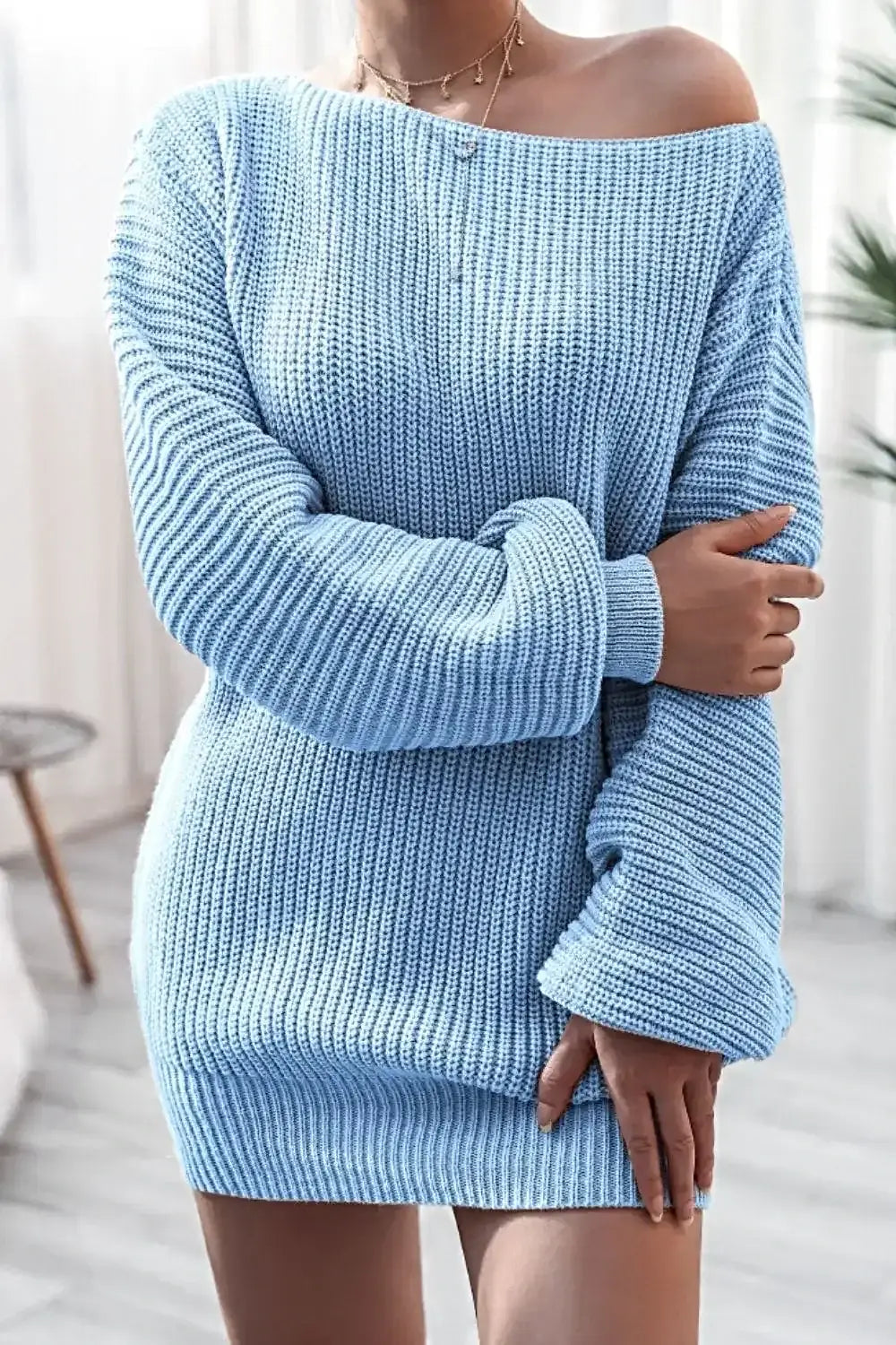 Boat Neck Long Sleeve Mini Sweater Dress -