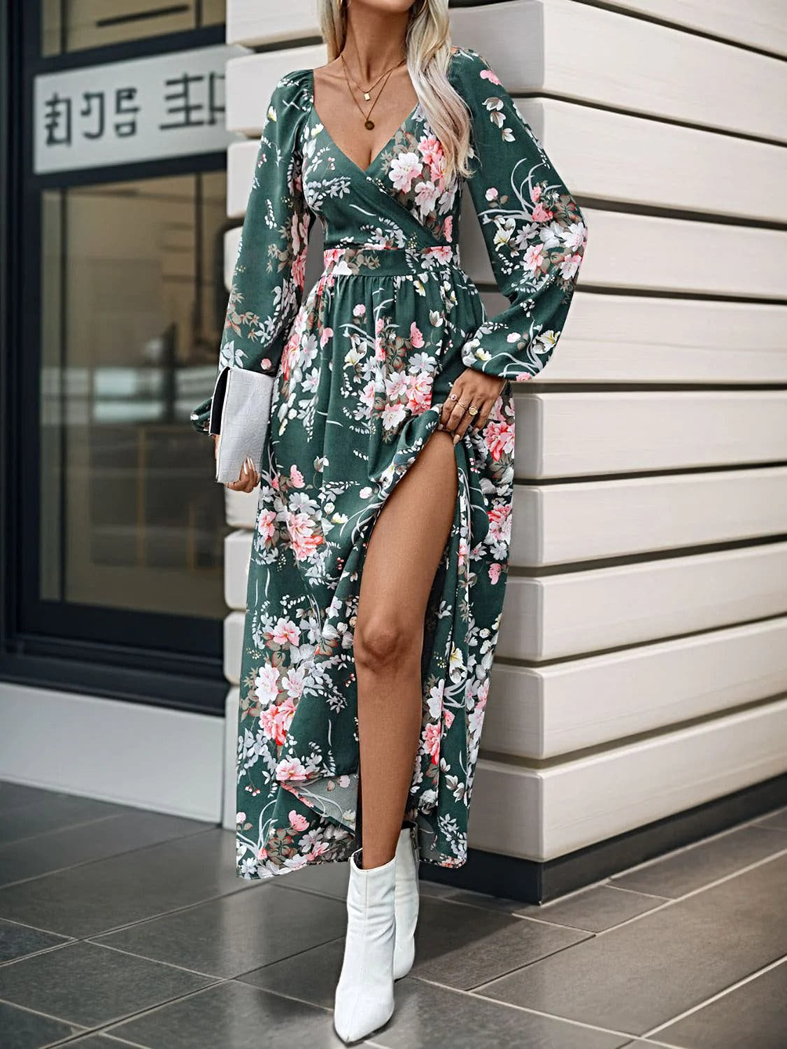 Perfee Elegant 100% Polyester Maxi Dress With Slit - Long Sleeve Surplice Design Trendsi