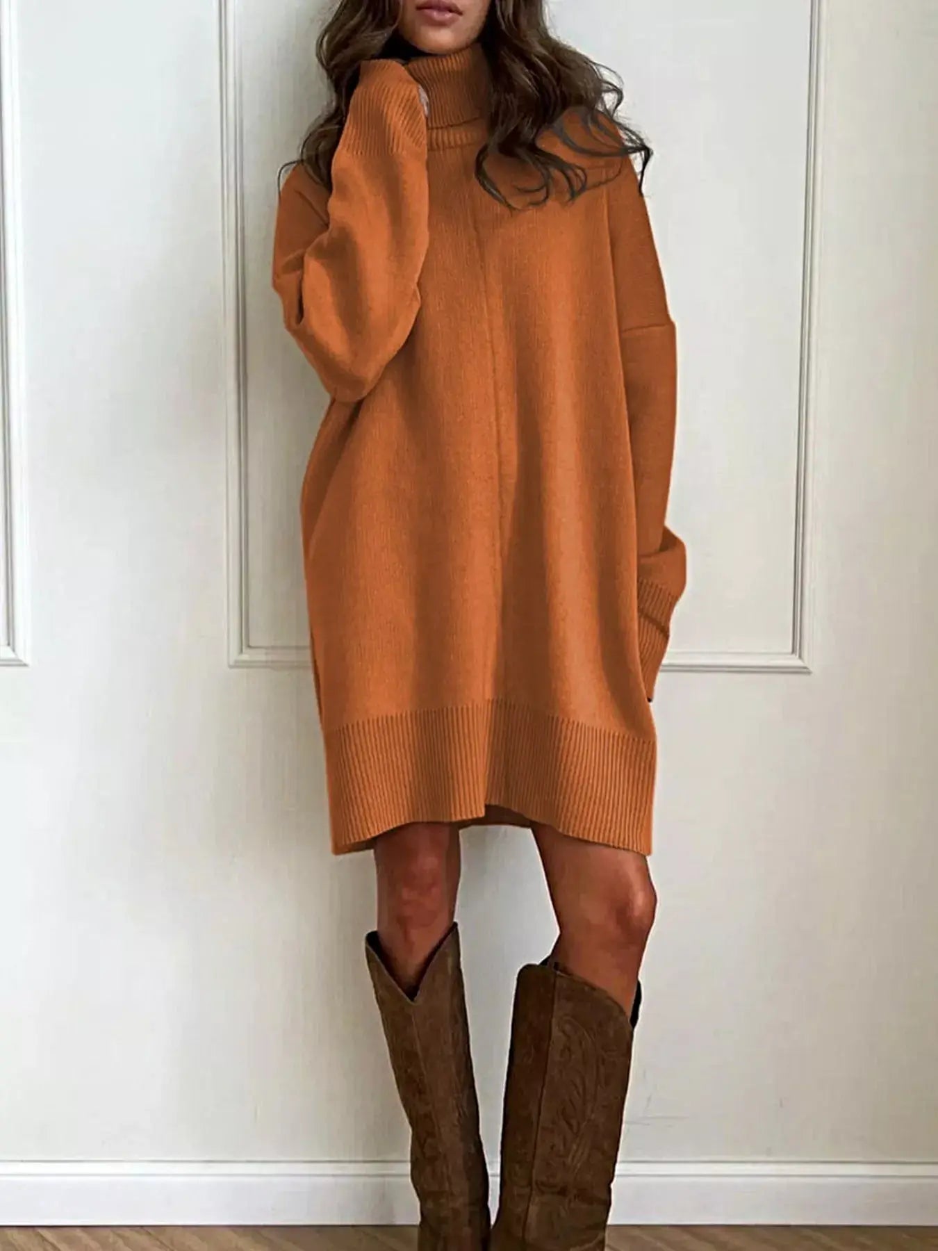 Solid Color Turtleneck Drop Shoulder Loose Sweater Dress -
