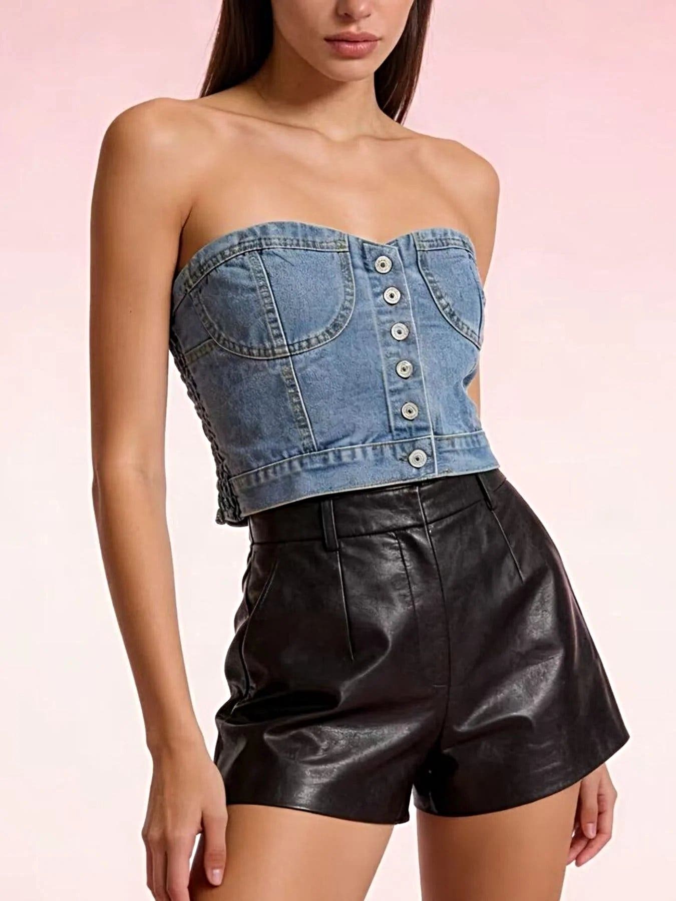 Button-Front Denim Tube Top -