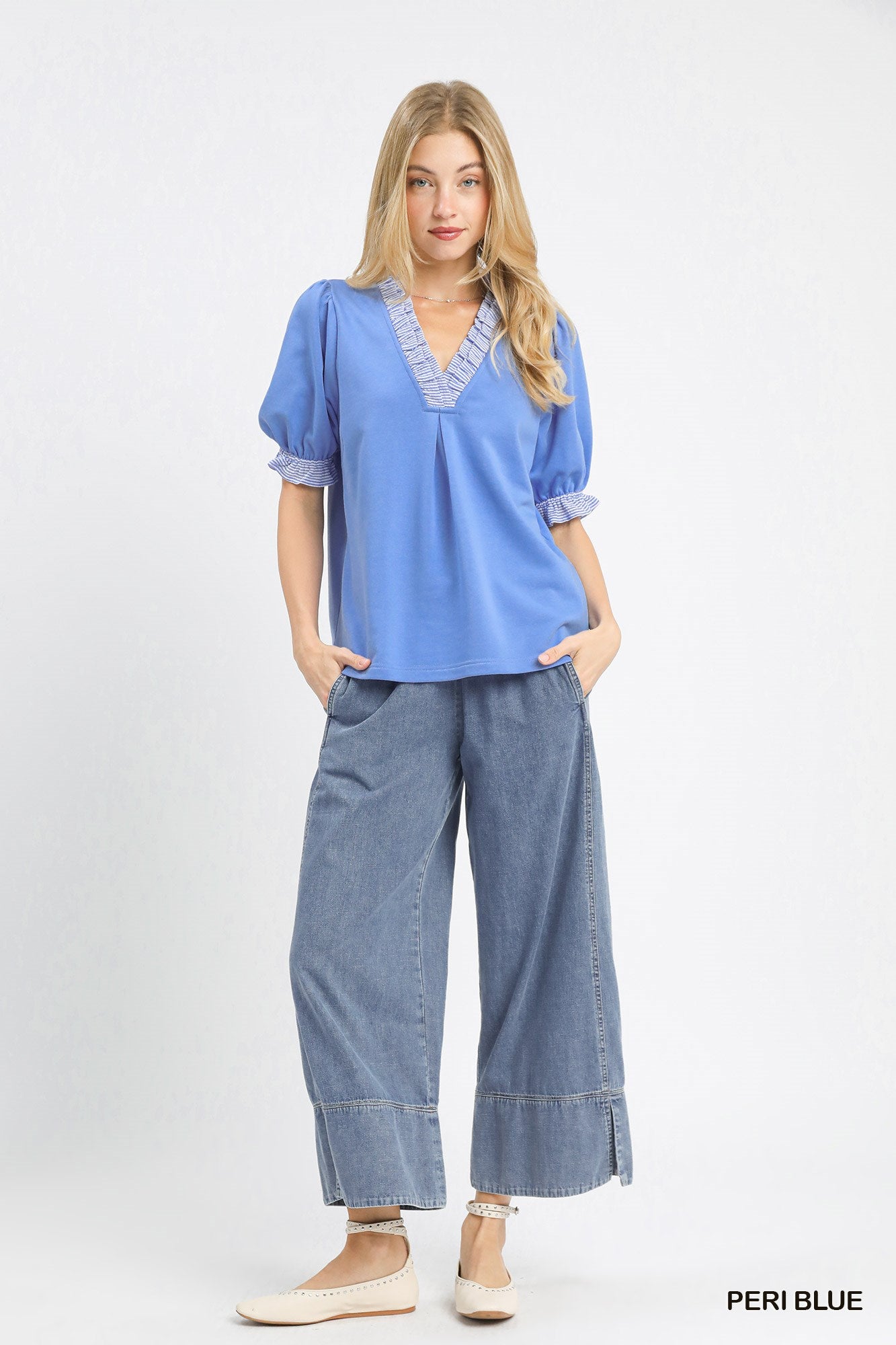 Umgee French Terry Ruffle Trim Puff Sleeve Top -