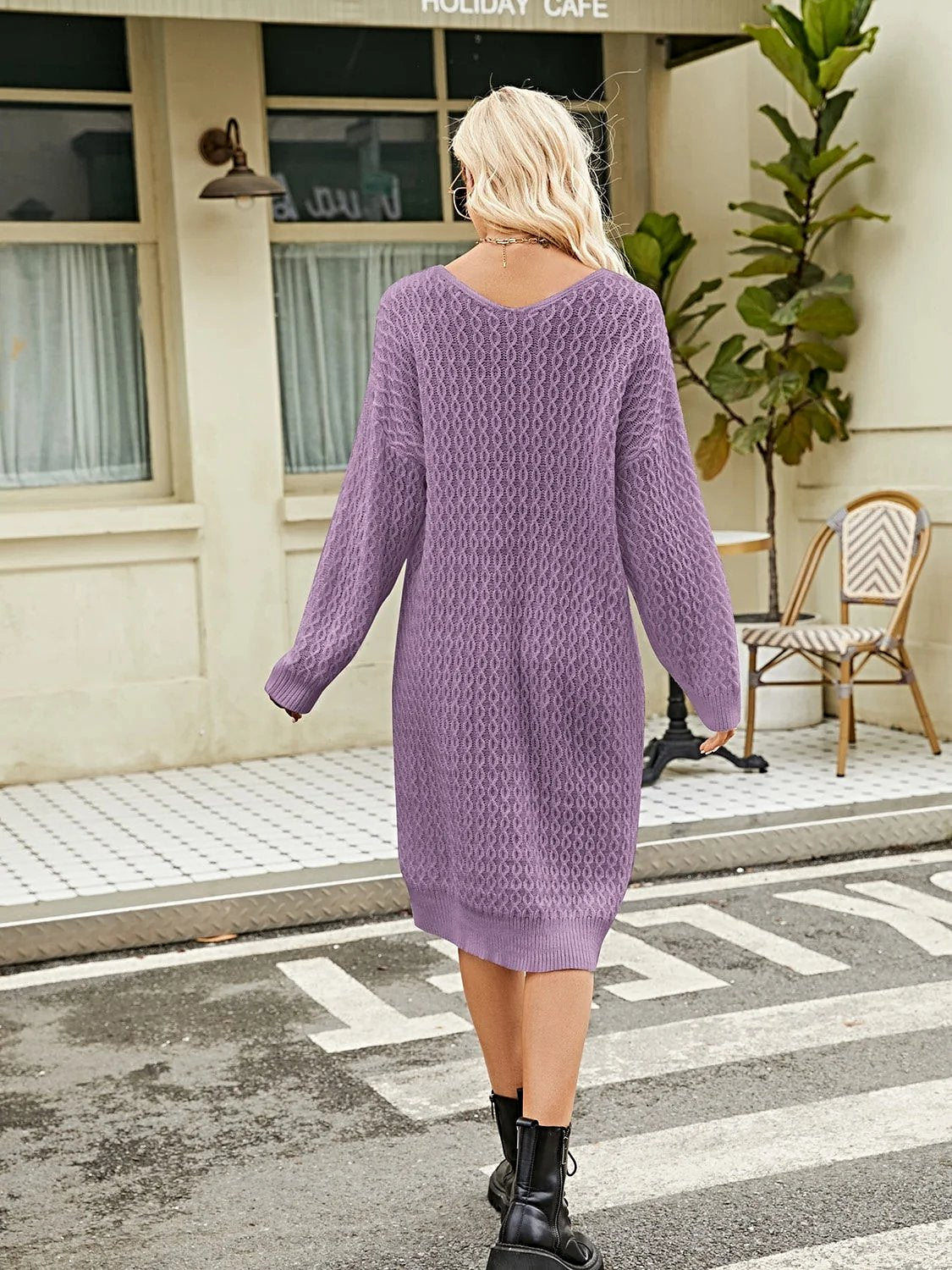 V-Neck Long Sleeve Sweater Dress -