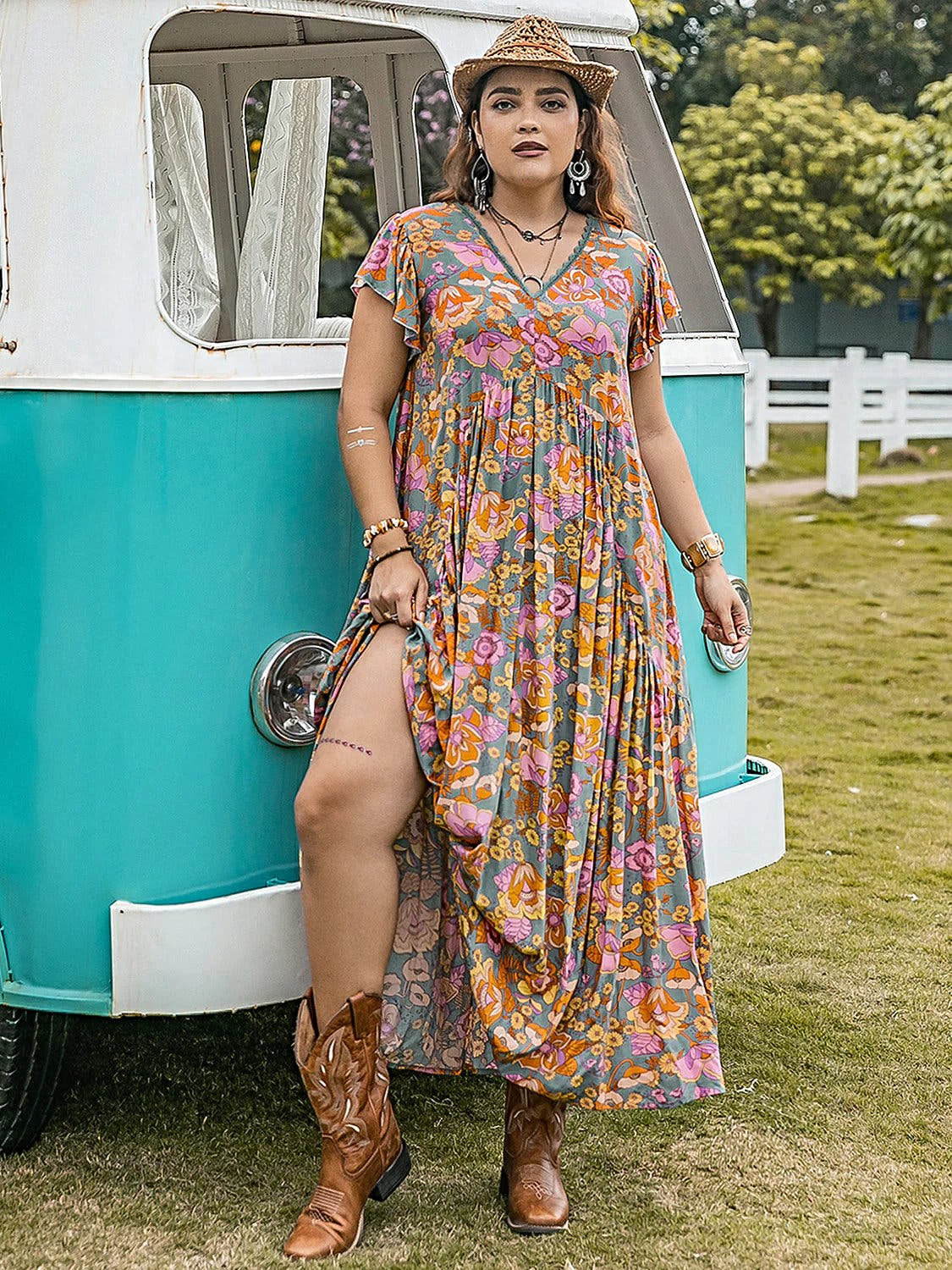 Plus Size Ruffled Printed Cap Sleeve Dress -